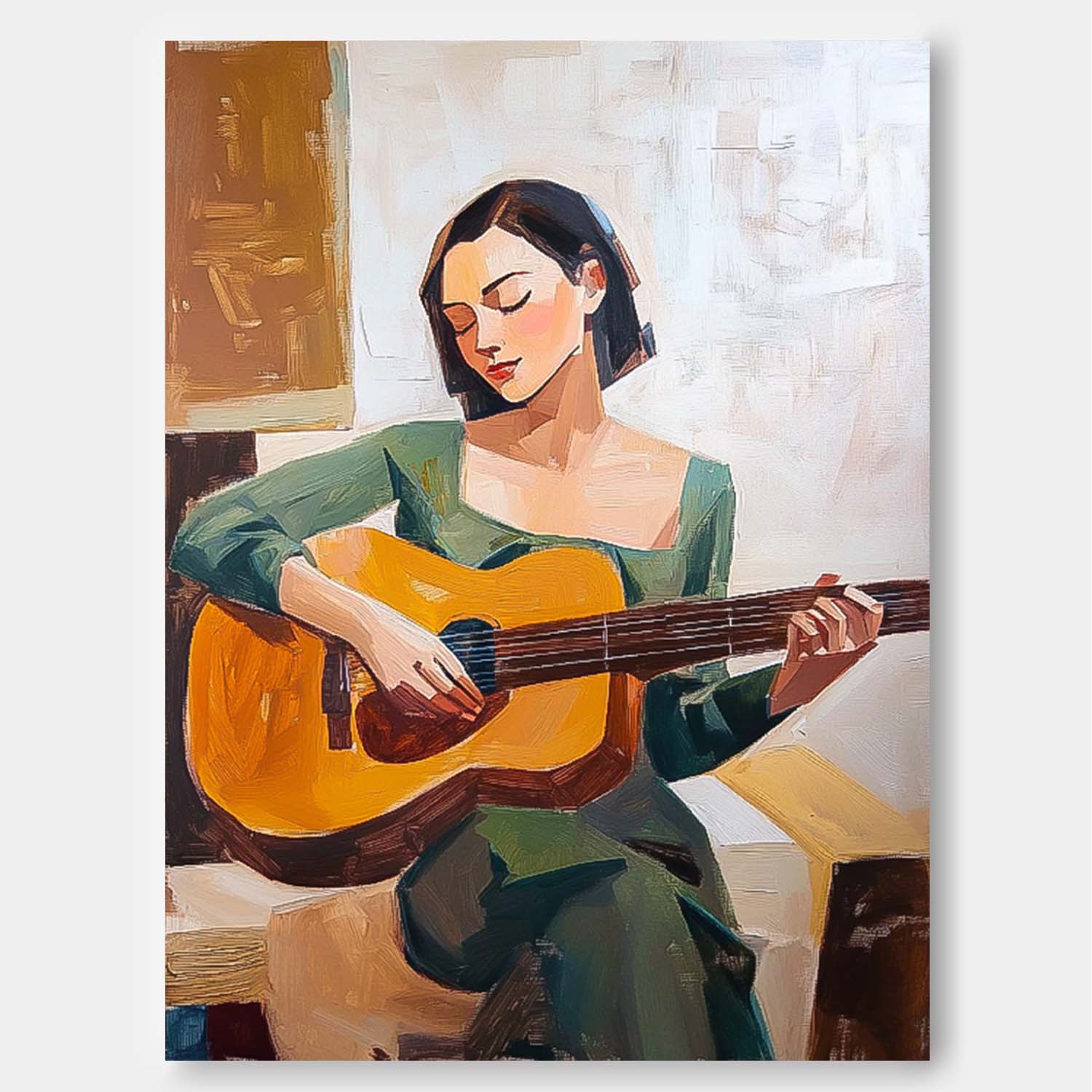 Original Texture Girl Playing Guitar Wall Art Portrait Modern Artwork Abstract Woman Oil Painting On Canvas