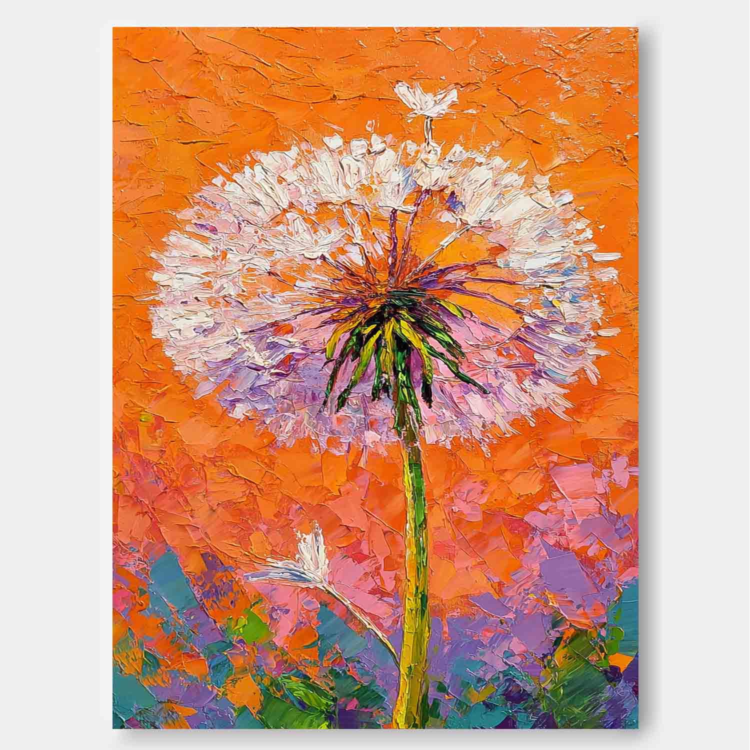 Vibrant Orange Dandelion Oil Painting 3D Textured Palette Knife Wall Art Modern Abstract Floral Canvas