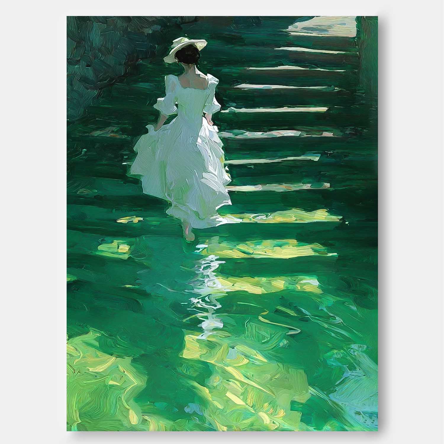 Green Toned Vintage Oil Painting Of Female Figure In White Dress On Water Stairs Artistic Wall Decor