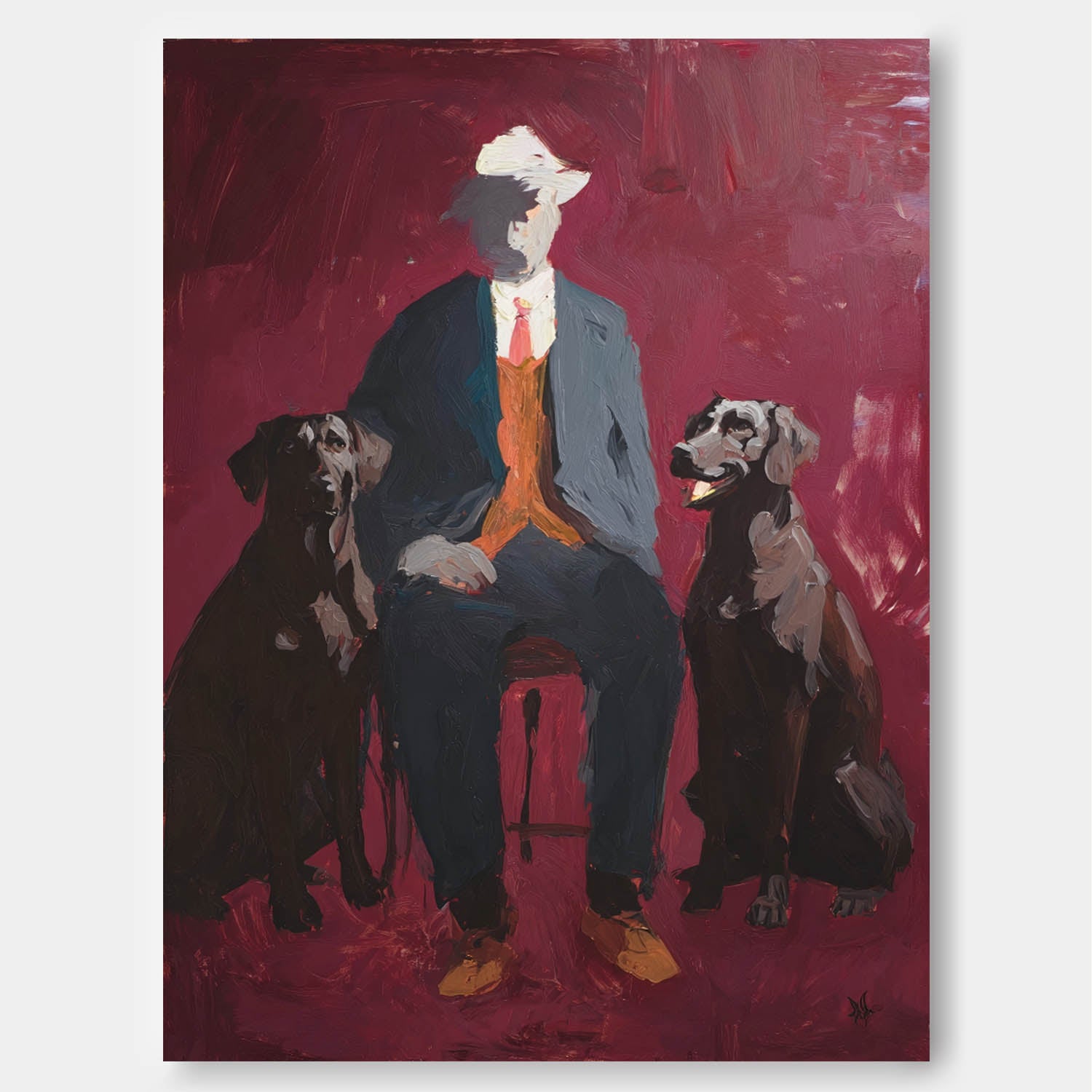 Vintage Oil Painting Man With Two Dogs On Deep Red Background Classic Portrait Art Handmade Wall Decor