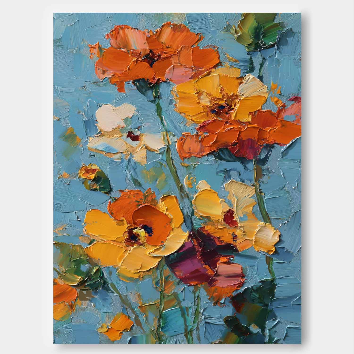 Impasto Oil Floral Bouquet Wall Art Vibrant Orange-Yellow Blooms On Teal Background Textured Modern Home Decor