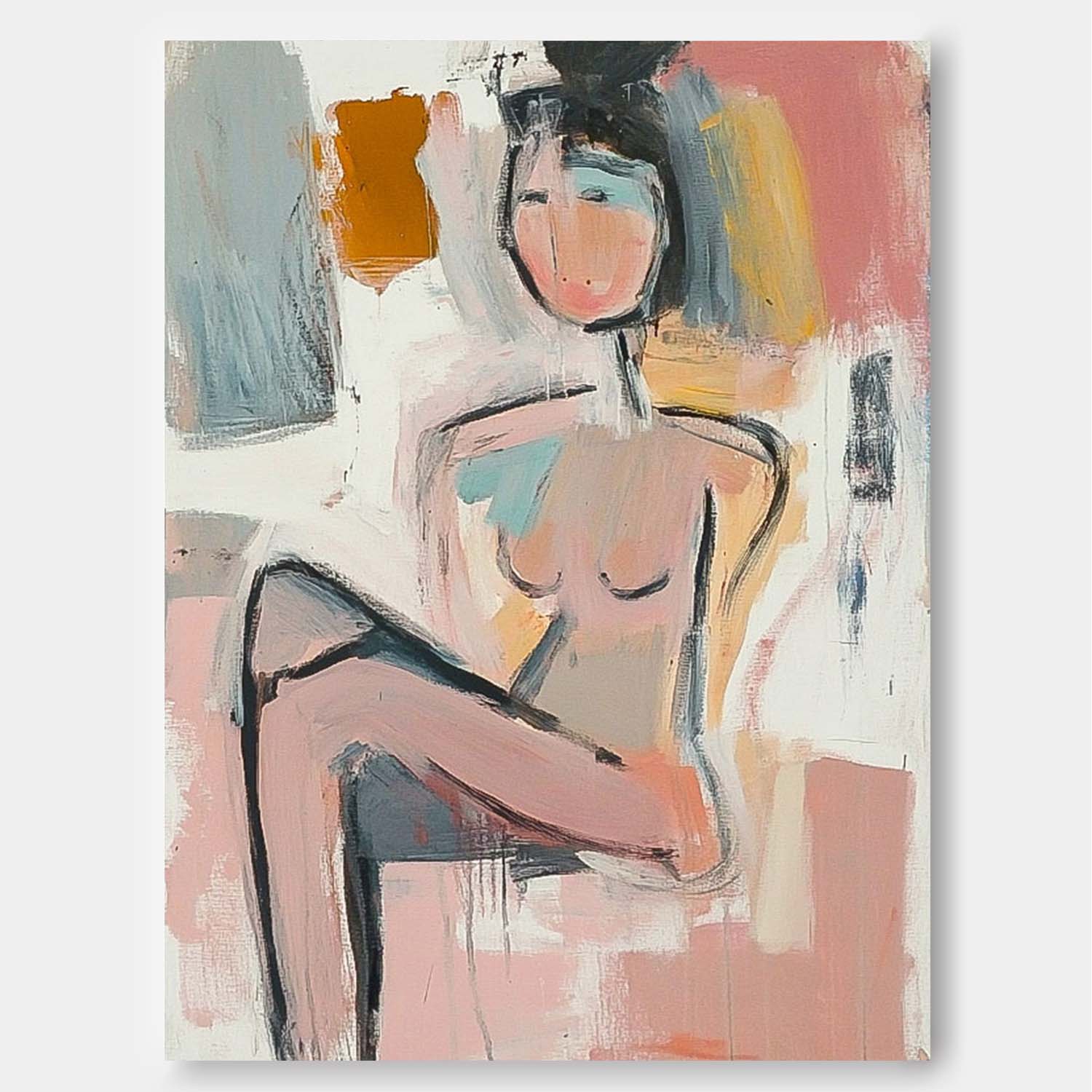 Abstract Doodle Artwork Large Girl Painting Abstract Lady Painting Original Wall Art Framed For Living Room
