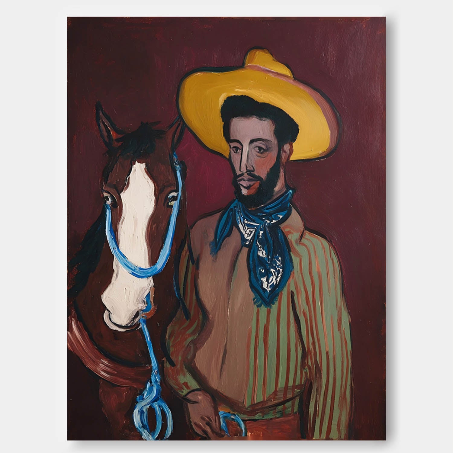 Vibrant Western Cowboy & Horse Painting Striped Shirt Blue Bandana Portrait Bold Color Wall Art Home Decor