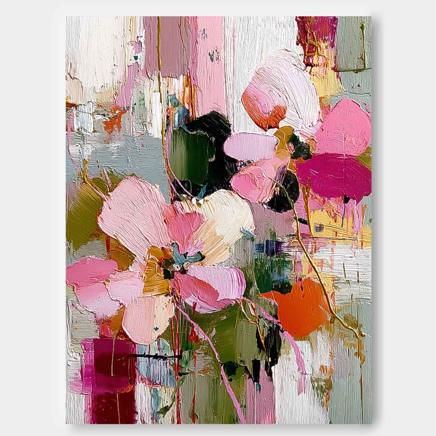 Large Pink Flower Abstract Painting Canvas Original Artwork Texture Plant Wall Art For Living Room