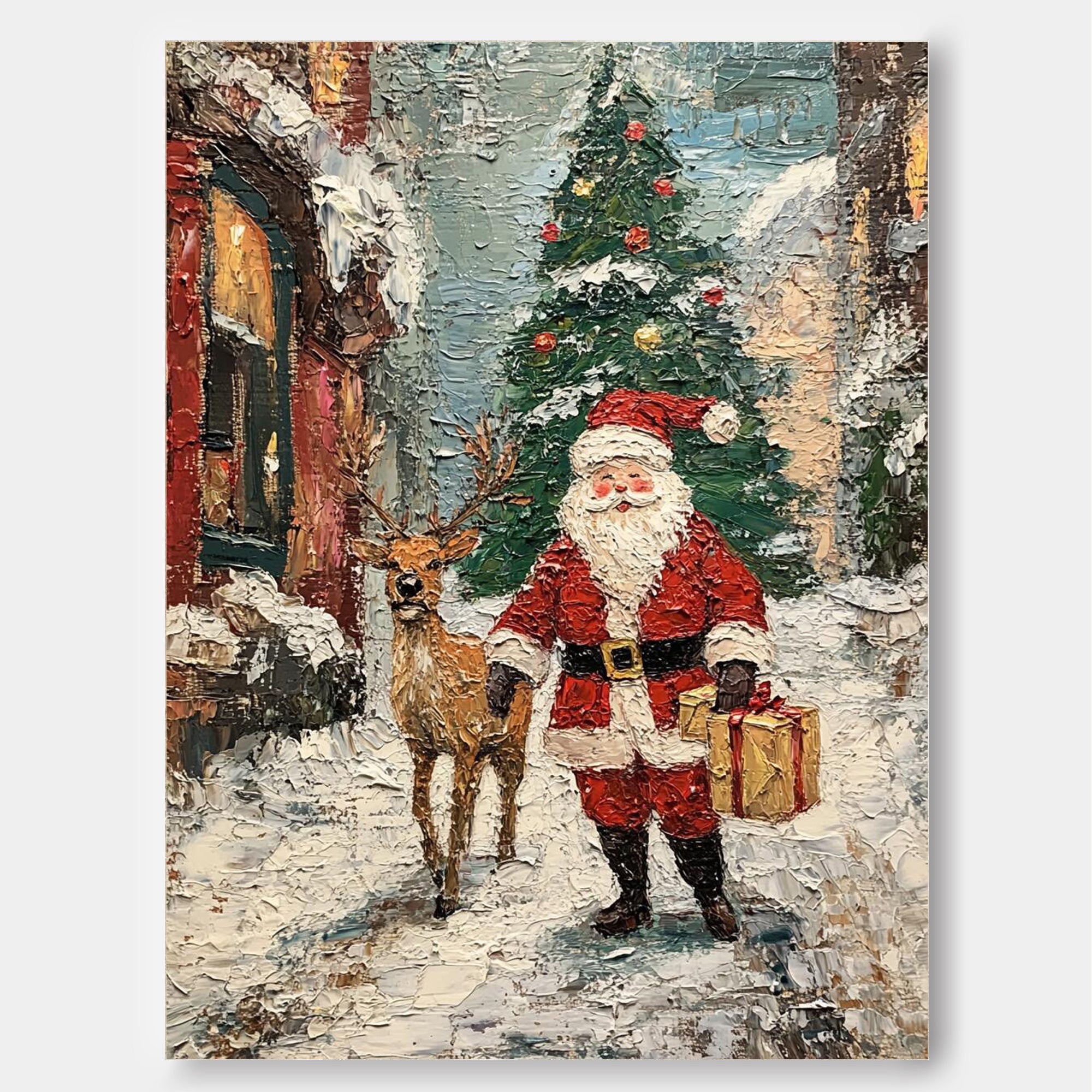 Christmas Wall Art Vintage Santa Claus Christmas Tree and Painting Rustic Classic Santa Xmas Holiday Decor