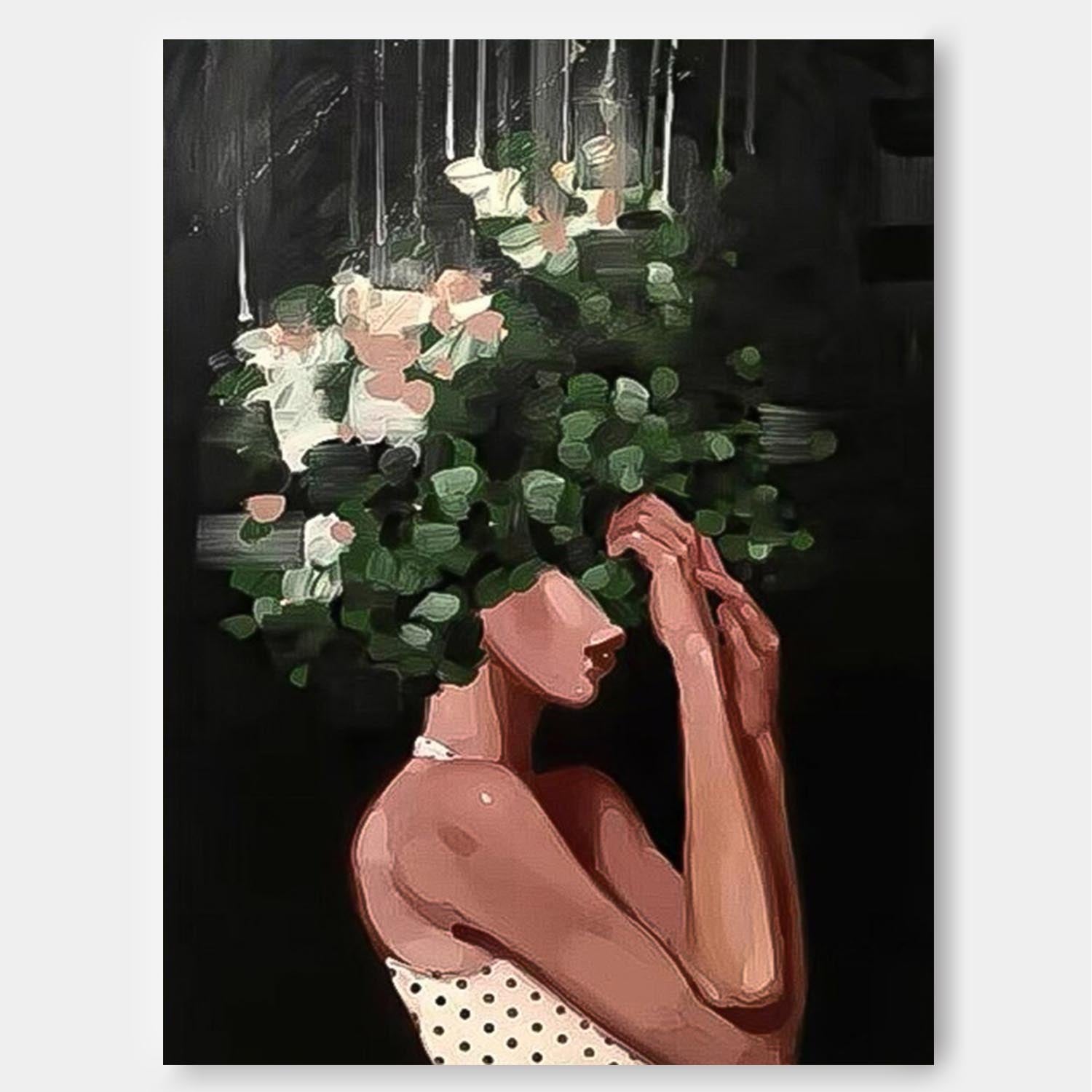 Abstract Lady Painting Woman Face Artwork Large Leaf Faceless Portrait Painting Original Wall Art
