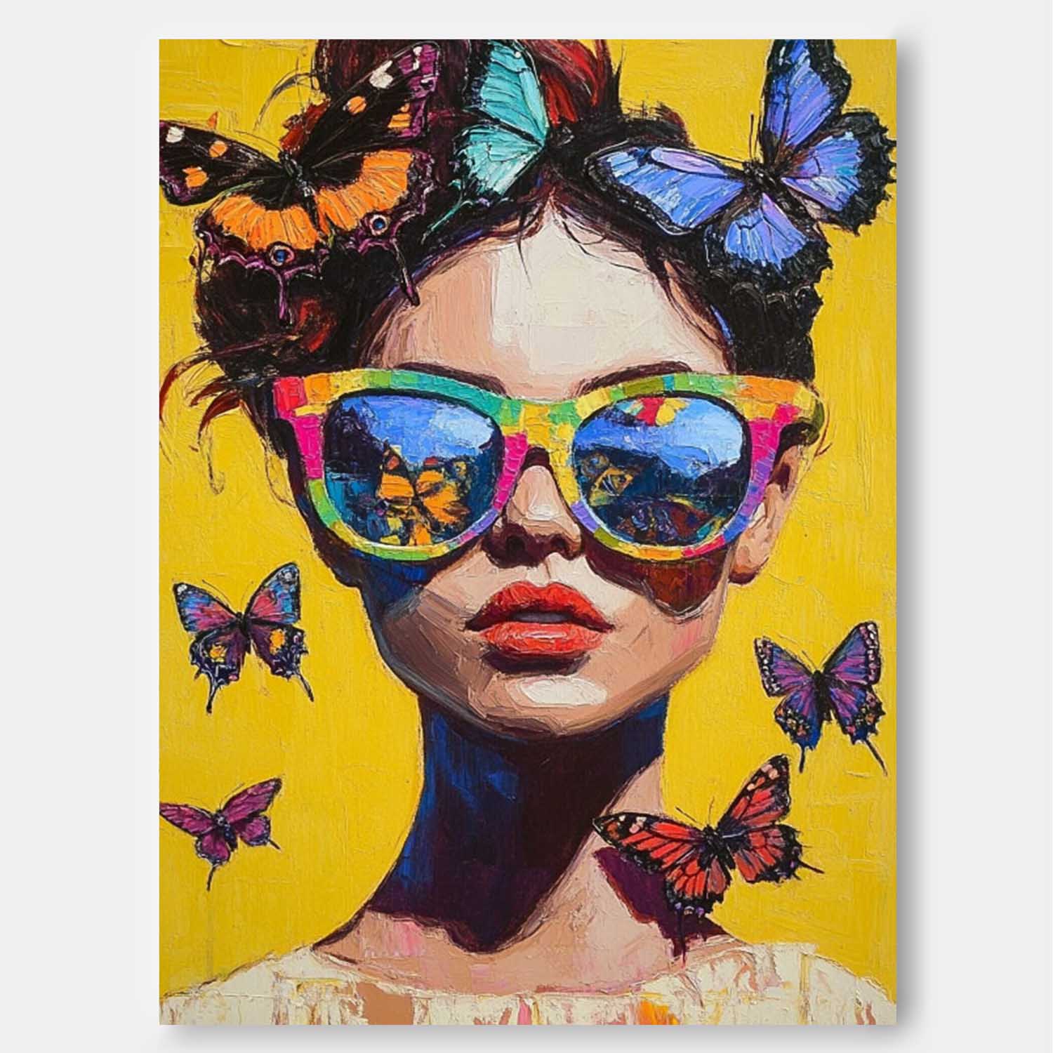 Lady Modern Artwork Abstract Butterfly Oil Painting On Canvas Vibrant Yellow Original Texture Girl Wall Art