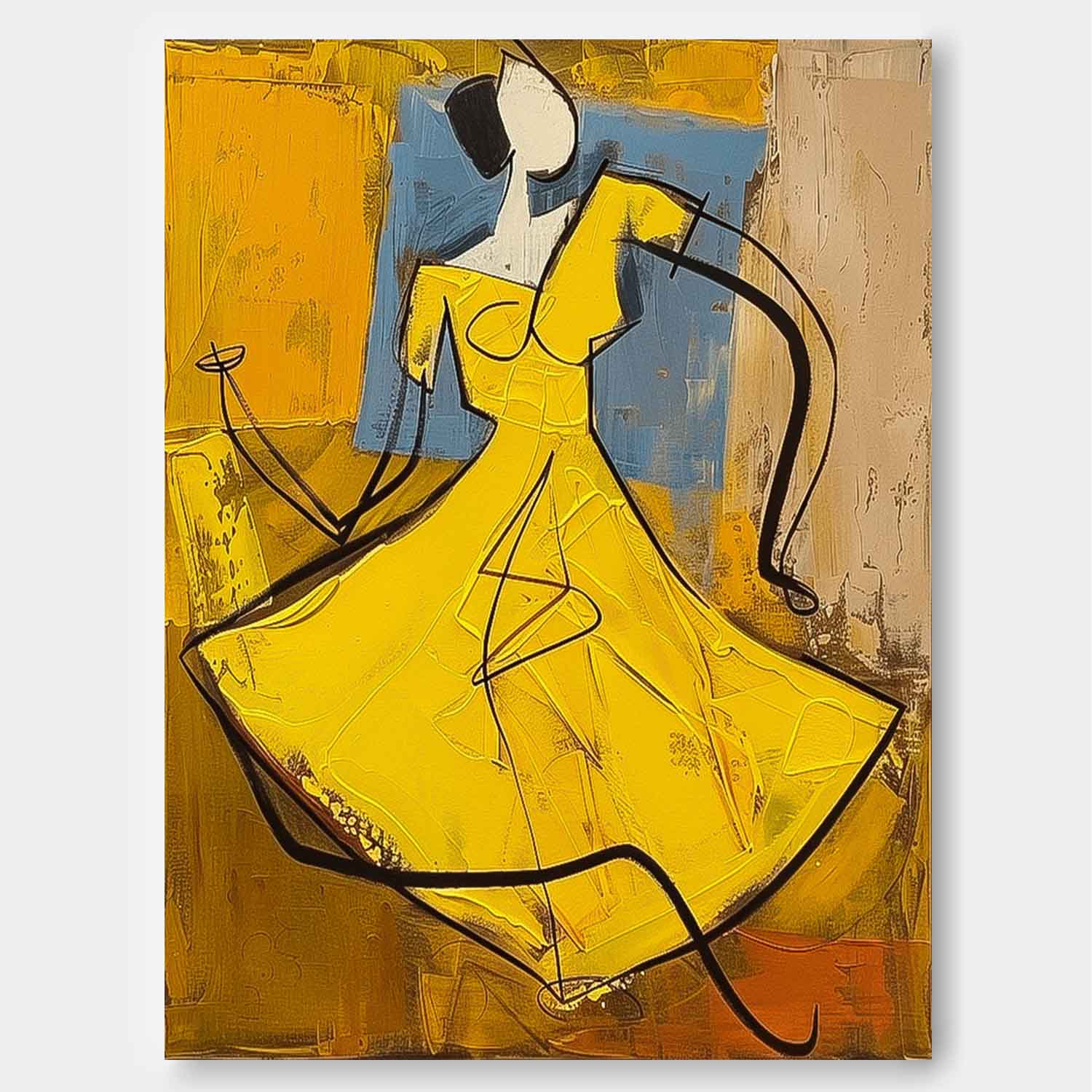 Large Dancing Woman Painting Framed Original Lady Wall Art Abstract Yellow Dress Artwork Home Decor