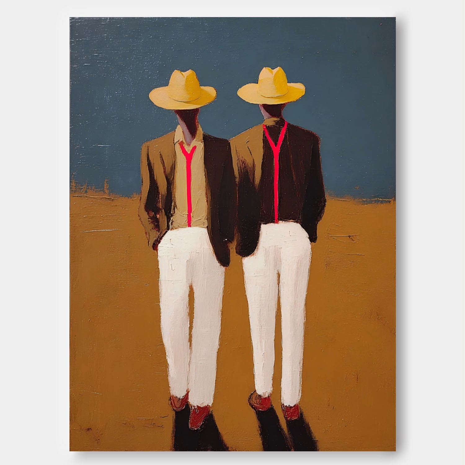 Original Retro Denim Painting Modern Duet Wall Art Abstract Figures With Yellow Hats & Red Suspenders Artwork