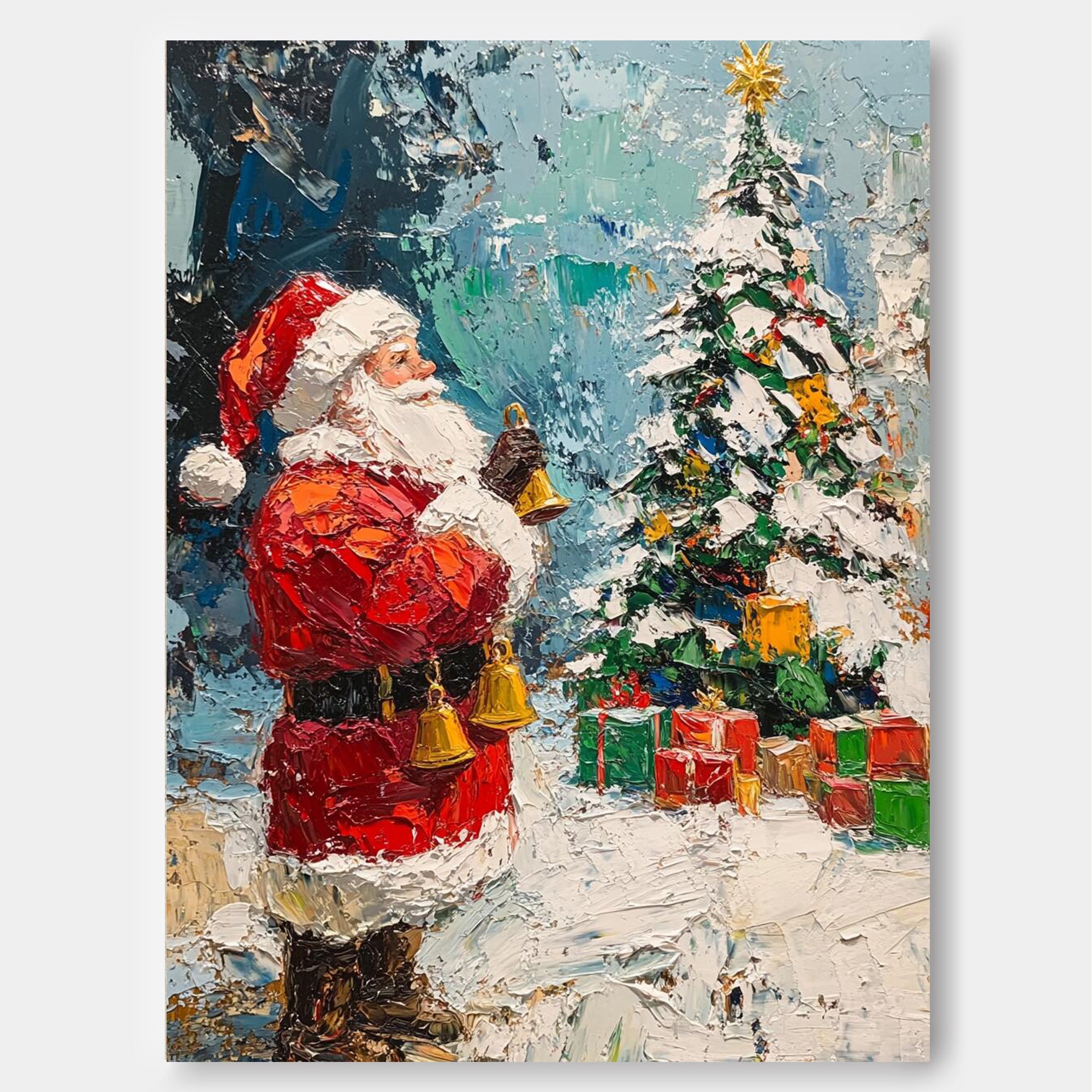Vintage Santa Claus Christmas Tree and Painting Christmas Wall Art Rustic Classic Santa Xmas Holiday Decor