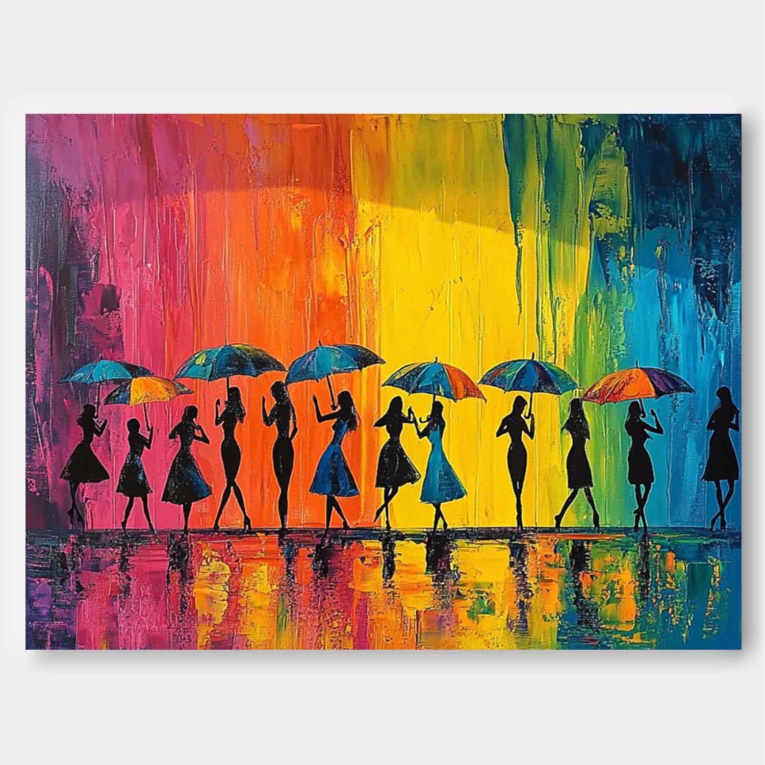 Original People Silhouette Artwork Expressive Rainy Street Modern Acrylic Painting Large Colorful Wall Art