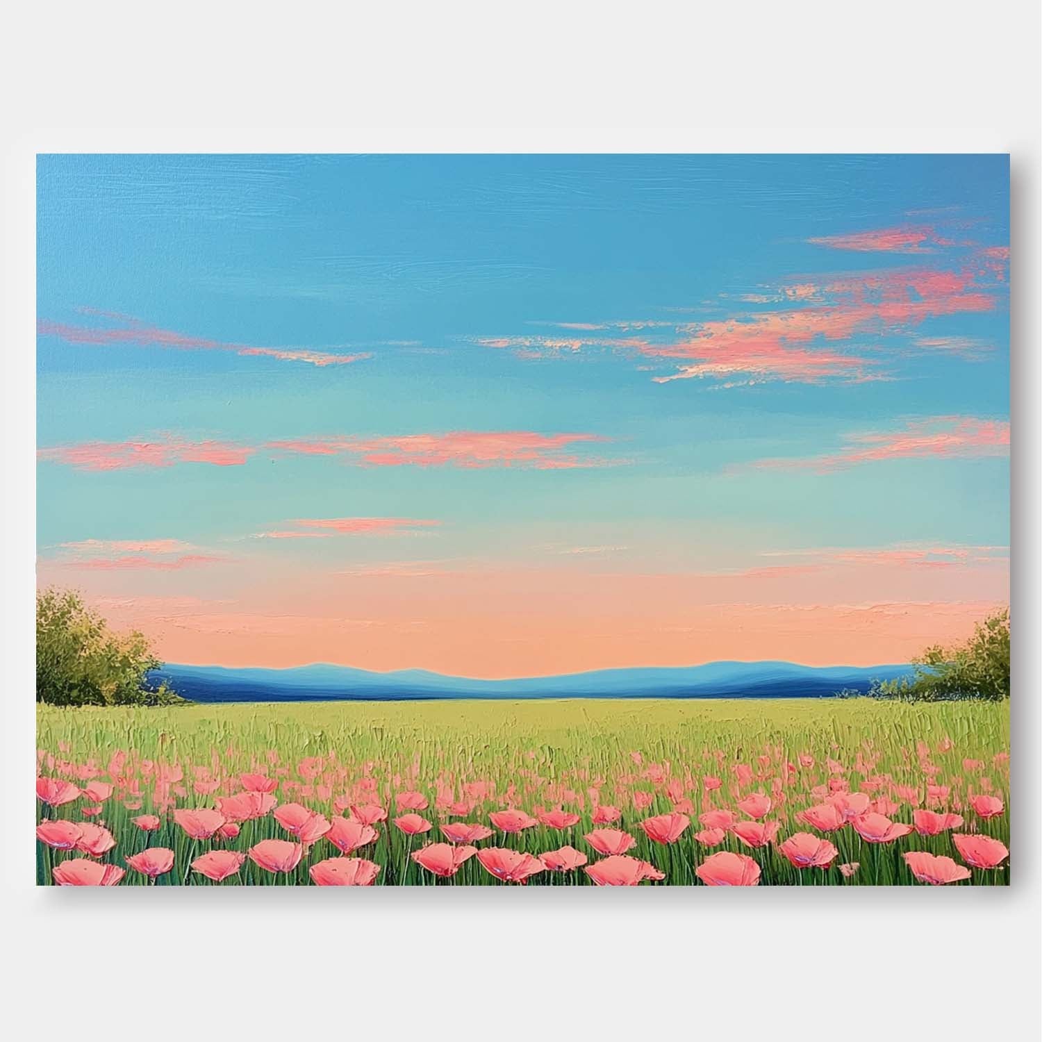 Wildflower Field Landscape Oil Painting Sunset Scenery painting Muted Country Field Wall Art Nature Artwork