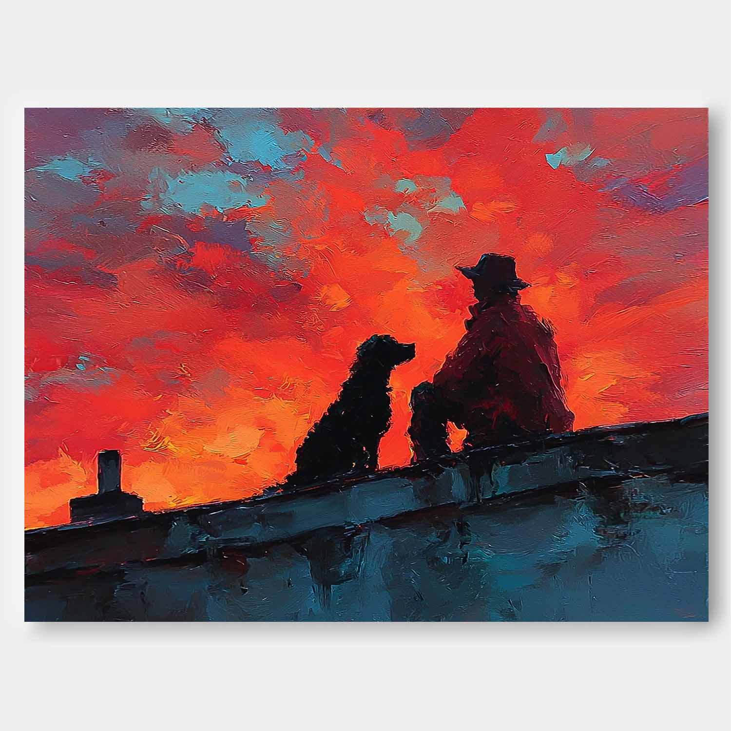 Modern Abstract Sunset Oil Painting Contemporary Canvas Vibrant Crimson Sunset Sky Figure Wall Art