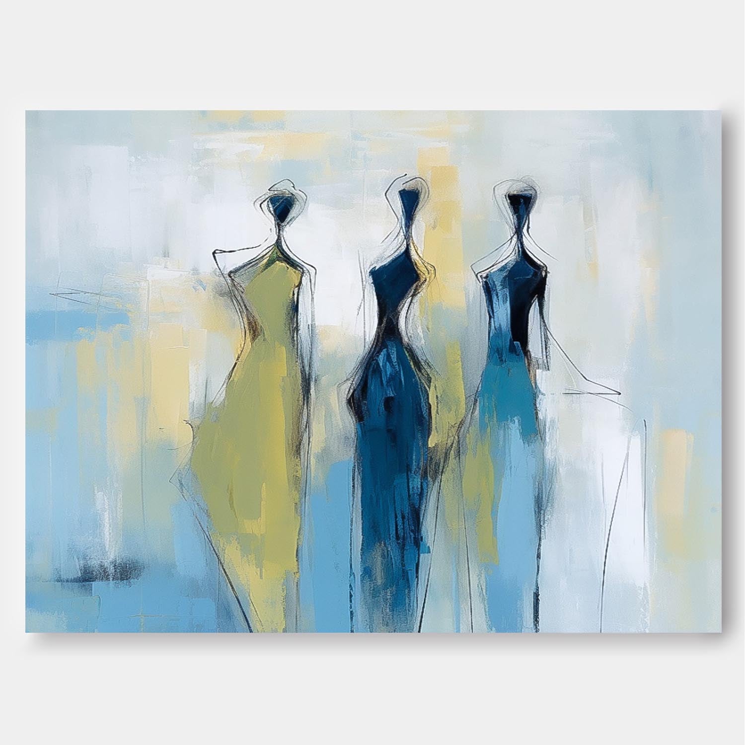 Modern Minimal Abstract Oil Painting Contemporary Gallery Wall Art Blue Figure View Of Back Home Decor