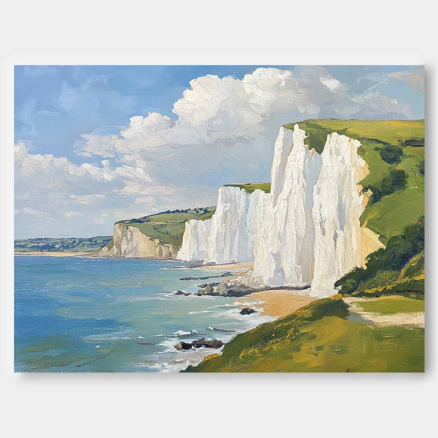 White Cliffs And Coastal Scenery Painting Abstract Tranquil Sea View Landscape Large Fresh Blues Wall Art
