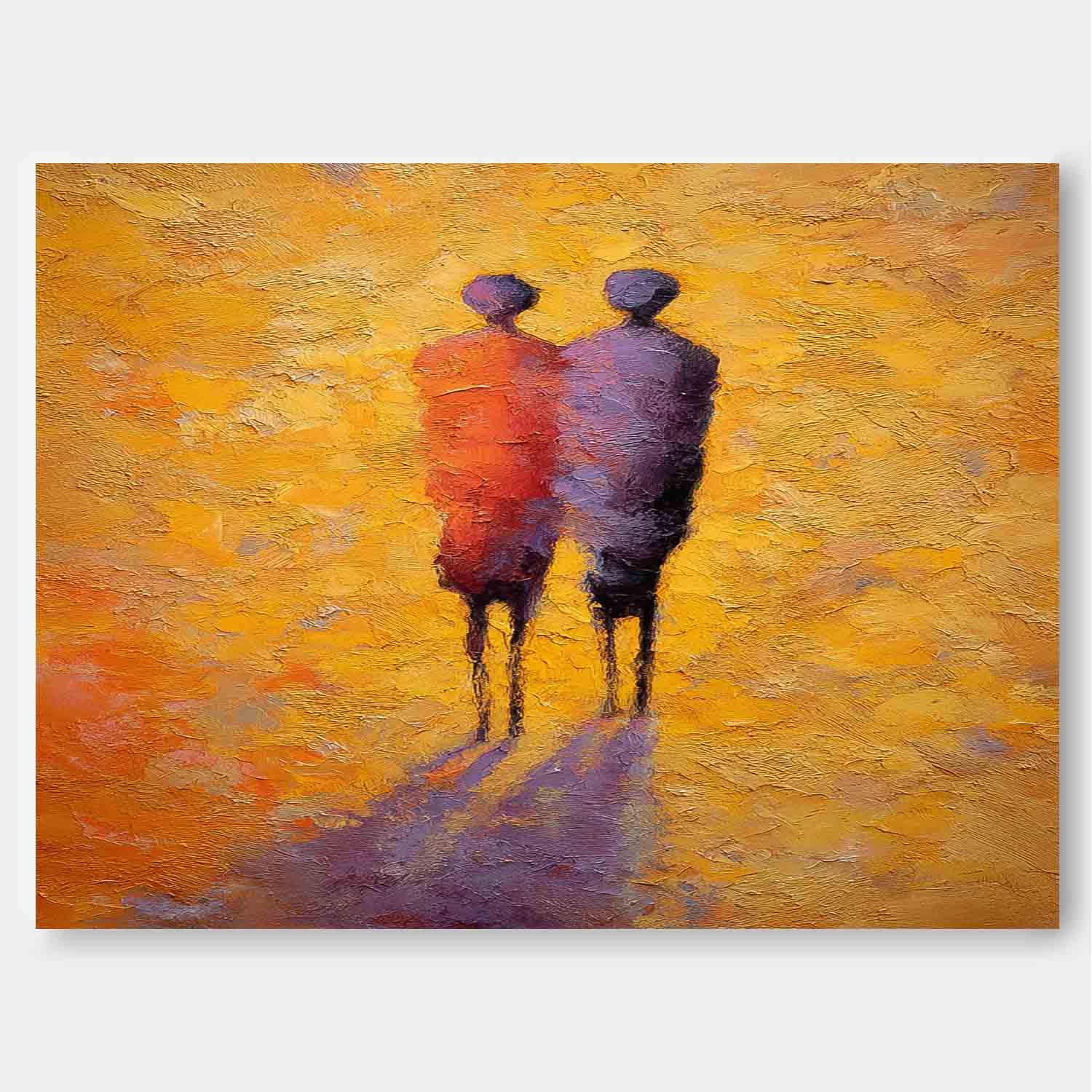 Original Two Figures Silhouette Abstract Painting Warm Tones Couple Friendship Wall Art Decor