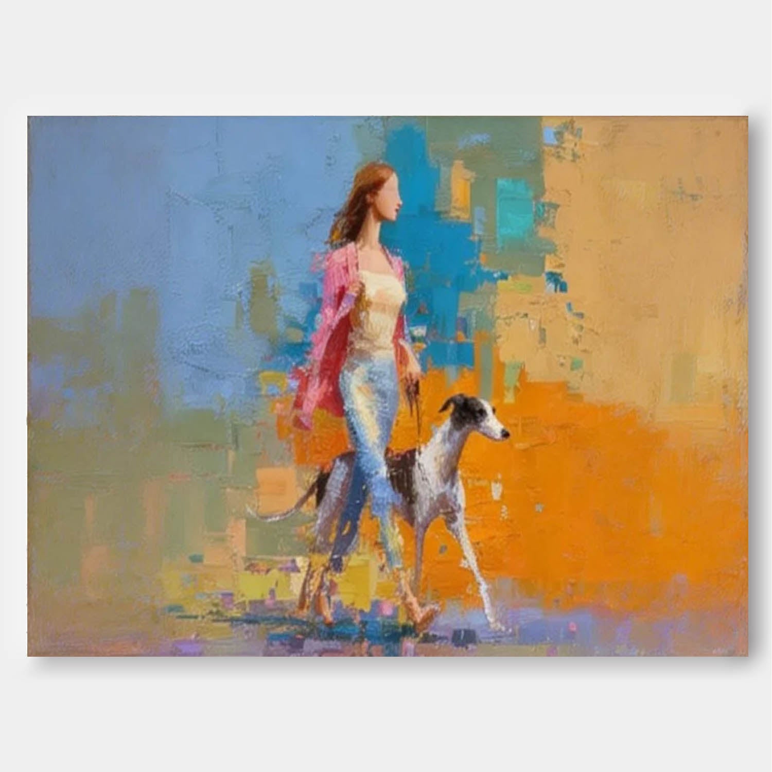 Modern Impressionist Painting Elegant Woman Walking Greyhound Dog Colorful Figurative Abstract Contemporary Art