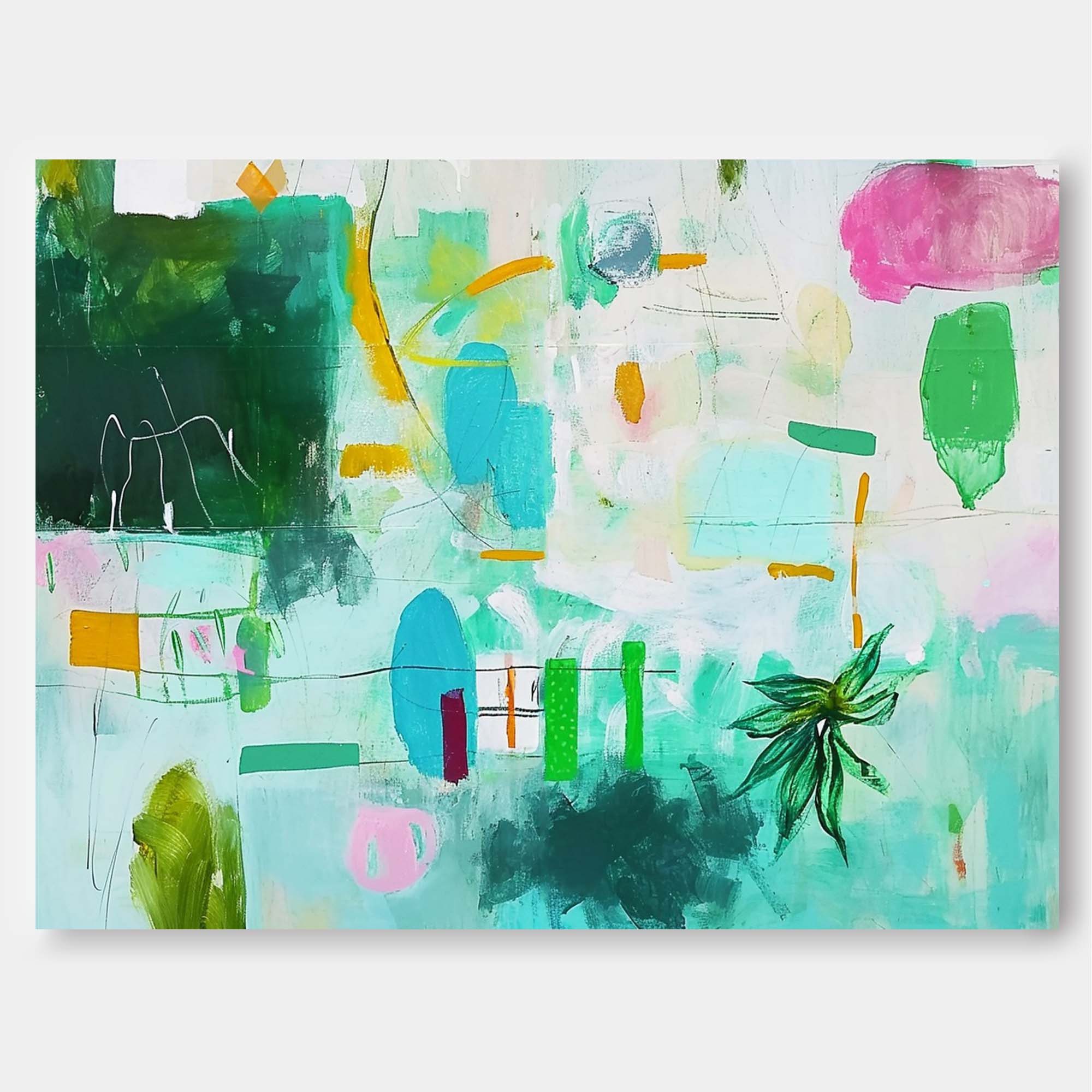 Green Canvas Painting Acrylic Modern Abstract Wall Art Framed Bright Wall Decor