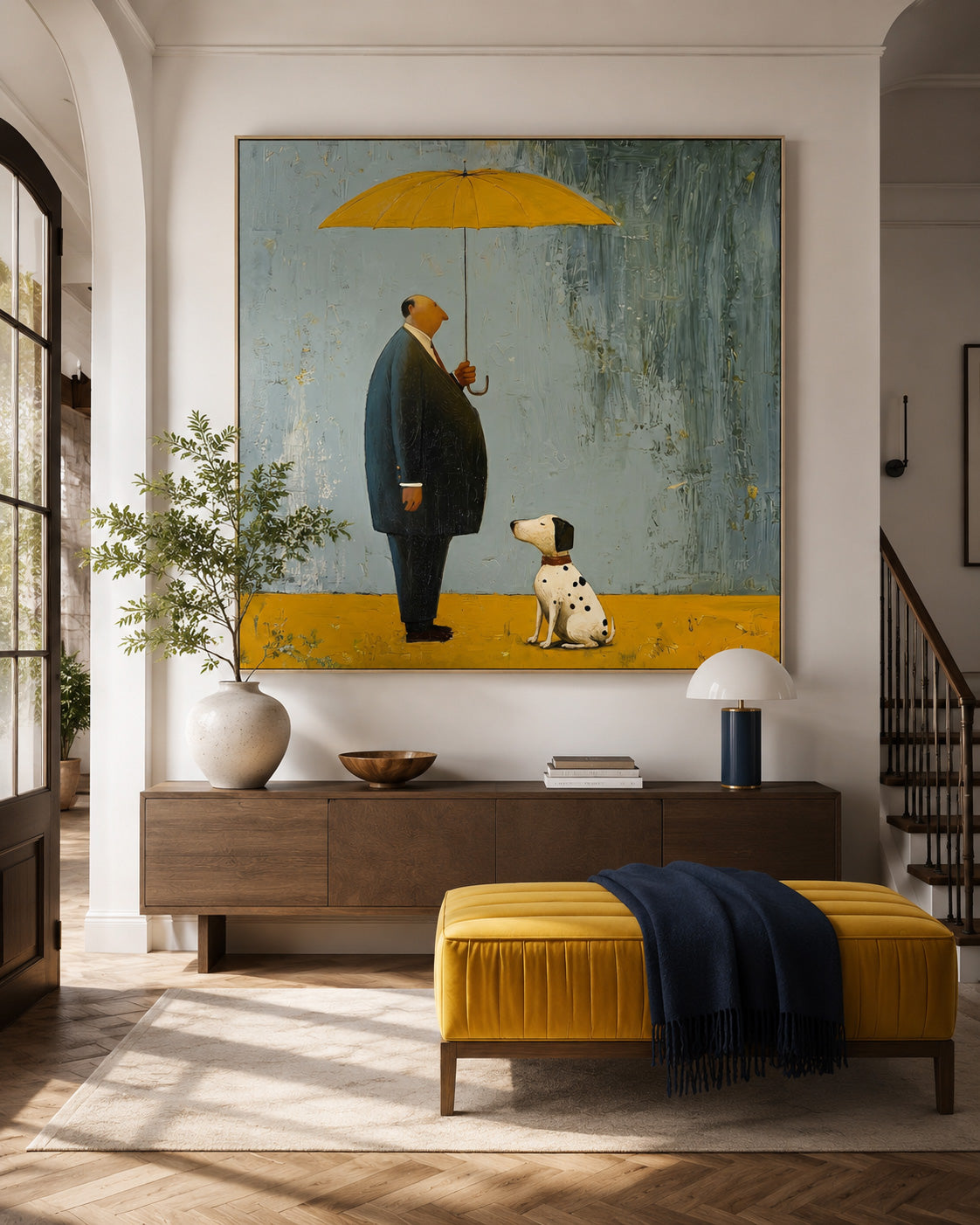 Modern Square Canvas Art Featuring A Loyal Dog And Owner In Minimalist Style