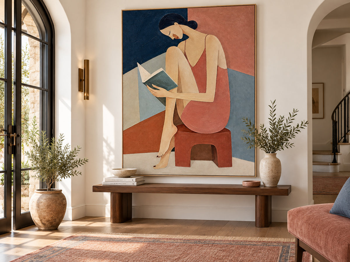 Woman Reading Portrait In Pink And Blue Hand-Painted Modern Canvas Art