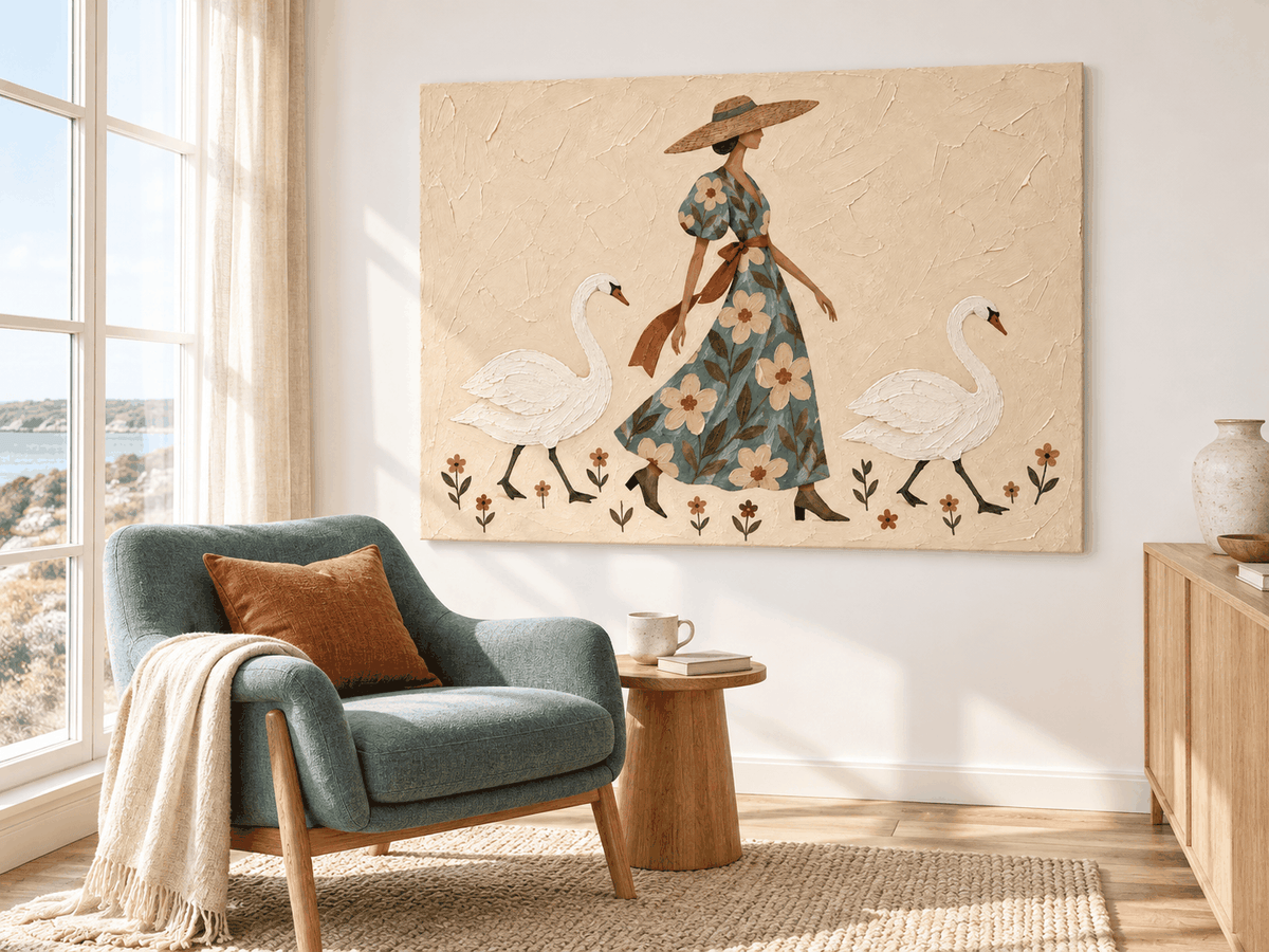 Lady With Swans Hand-Painted Canvas Art In Sage Green And Beige