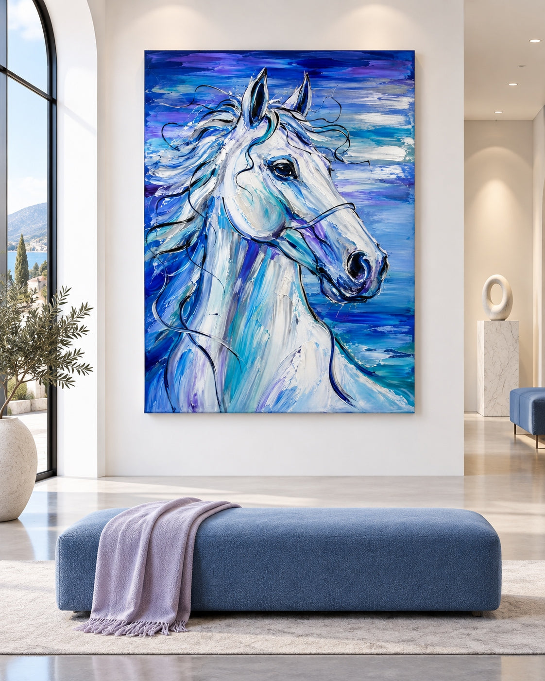 Expressive Impasto Horse Oil Painting With Dreamy Violet And Cobalt Hues