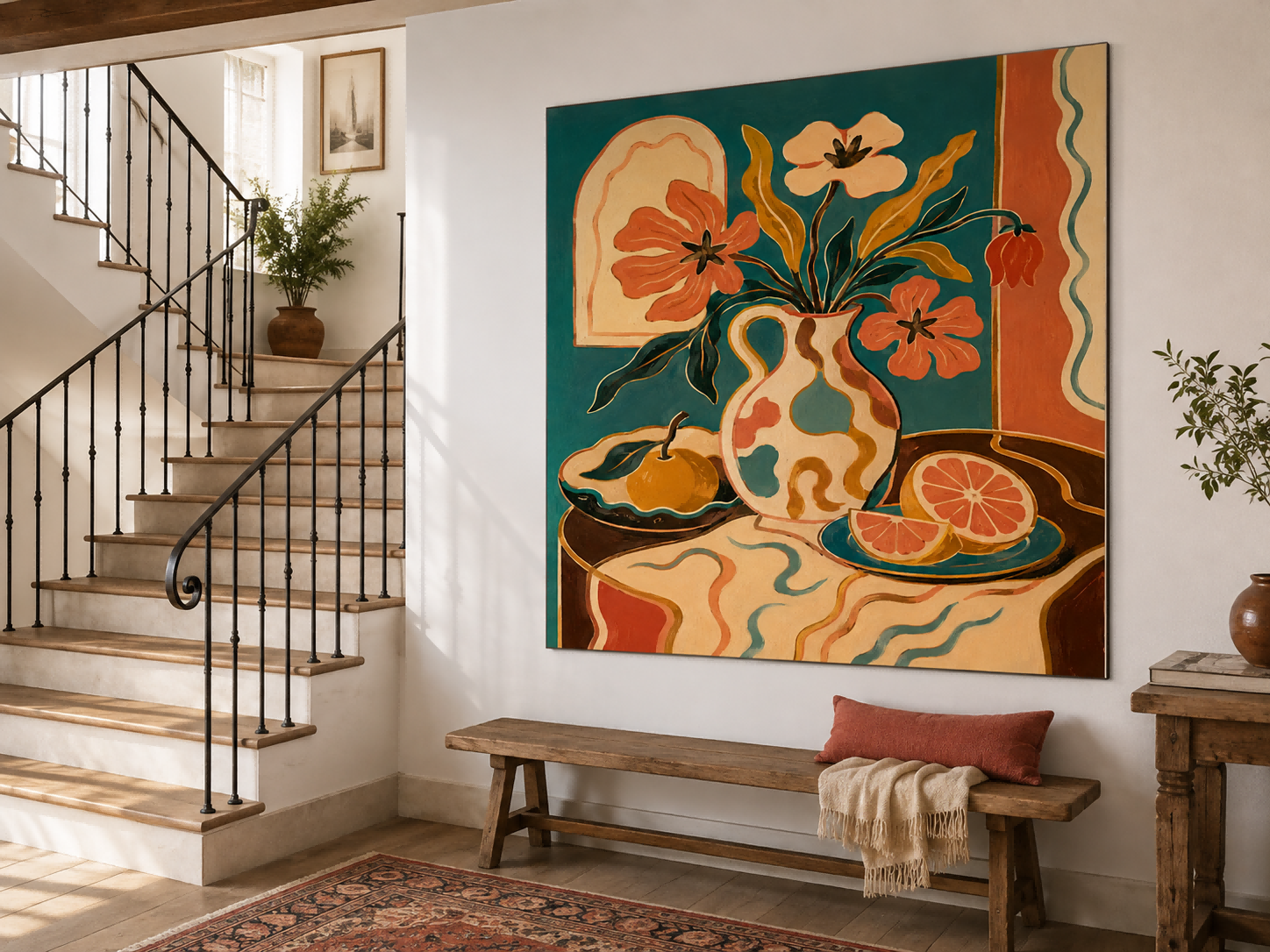 Whimsical Art Deco Style Painting With Abstract Fruit And Flowers