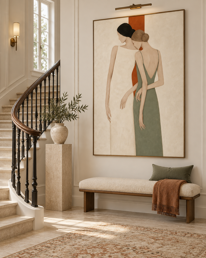 Minimalist Two Women Portrait Hand-Painted Canvas Art In Beige And Green