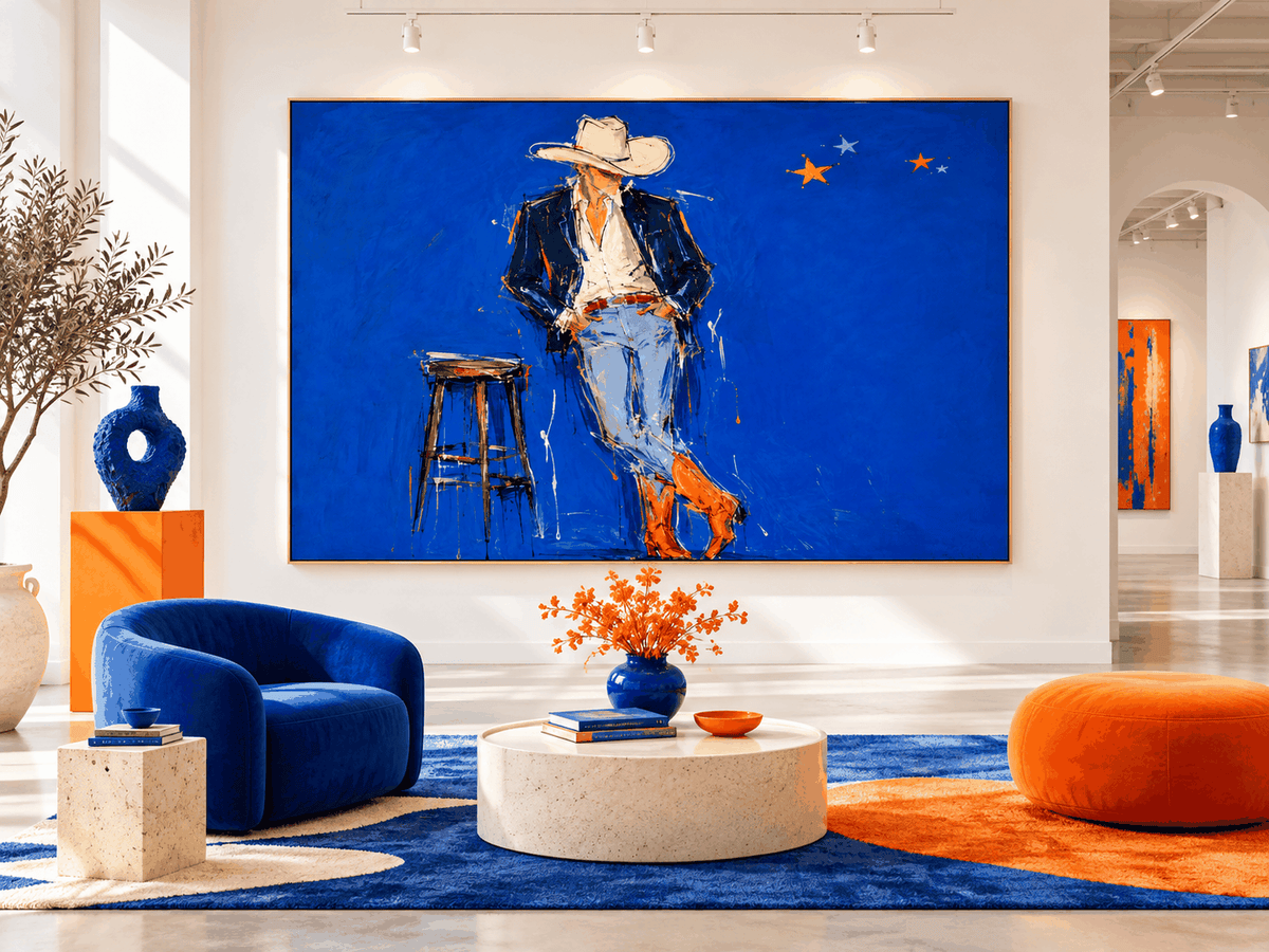 Cowboy In Blue Hand-Painted Canvas Art With Orange Boots For Modern Walls