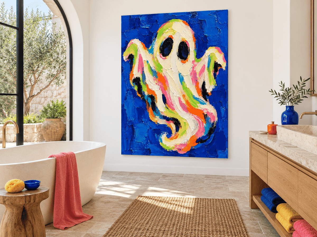 Hand-Painted Neon Ghost Abstract Art On Deep Blue Canvas