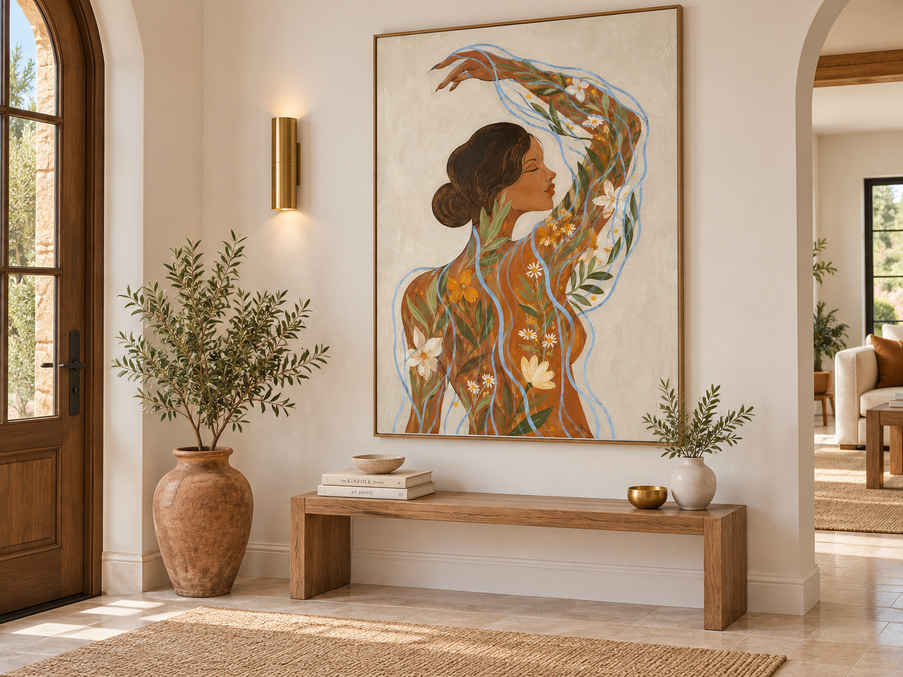 Hand-Painted Abstract Floral Woman Canvas Art With Blue Waves For Modern Home Decor Bohemian Wall Art