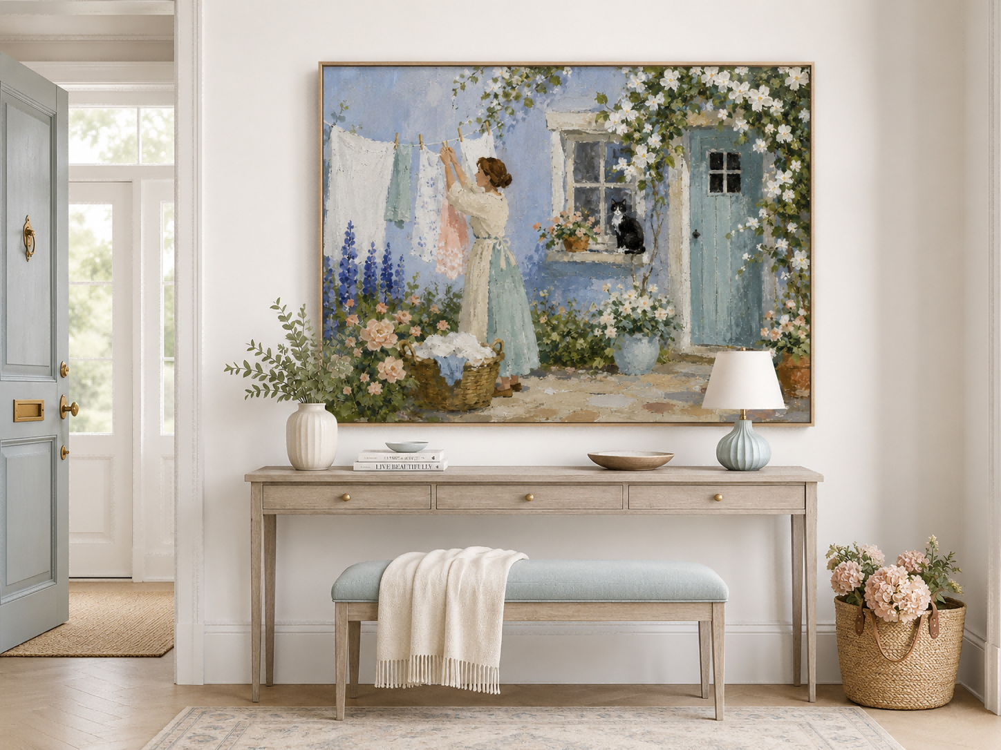 Woman Hanging Laundry With Cat In Blue Cottage Garden Hand-Painted Canvas Art
