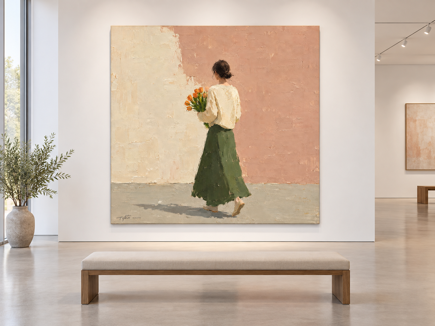 Woman With Orange Tulips Hand-Painted Canvas Art In Beige And Pink