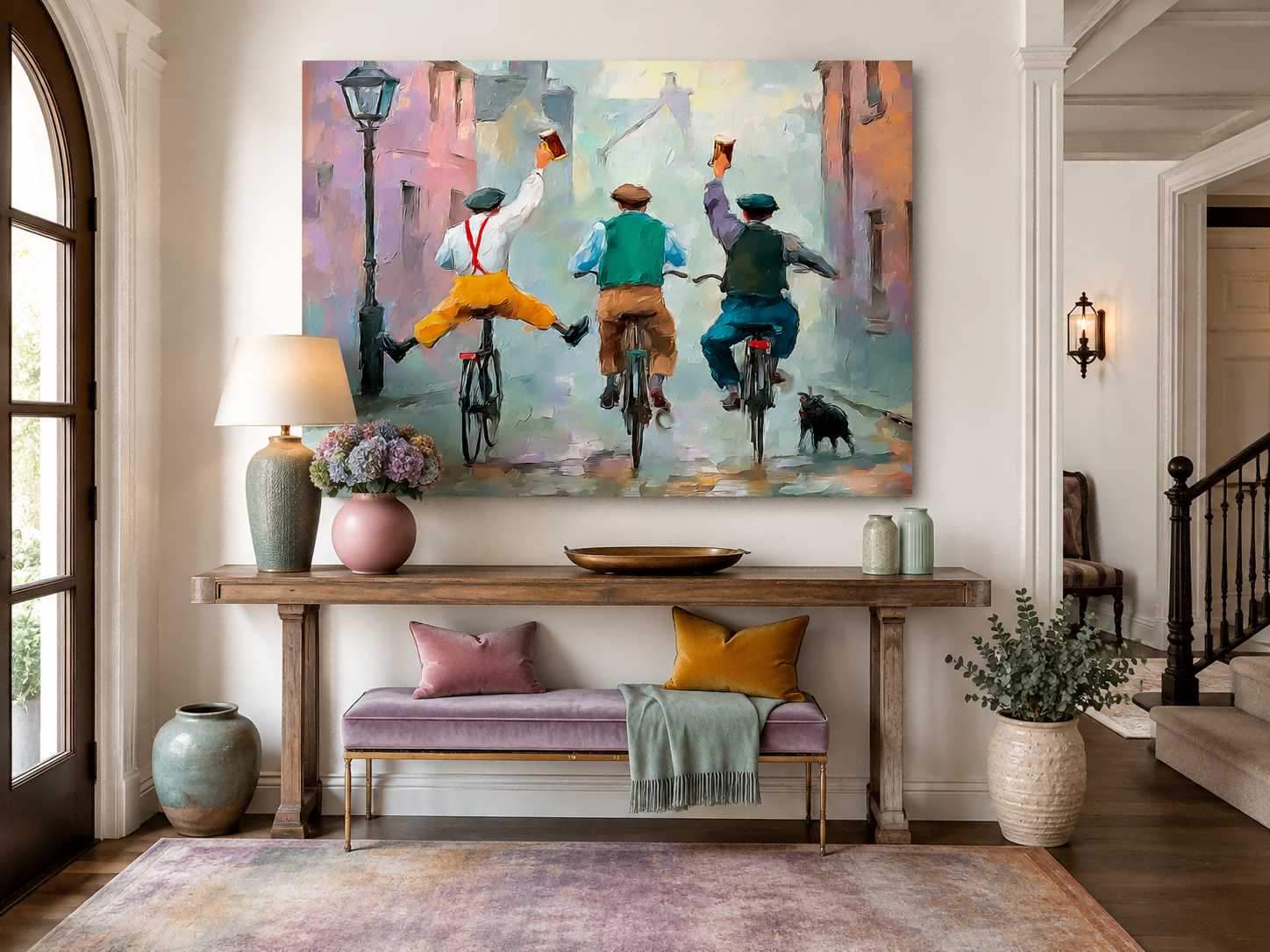 Impressionist Street Scene With Three Men Cycling And Celebrating Vintage Wall Art