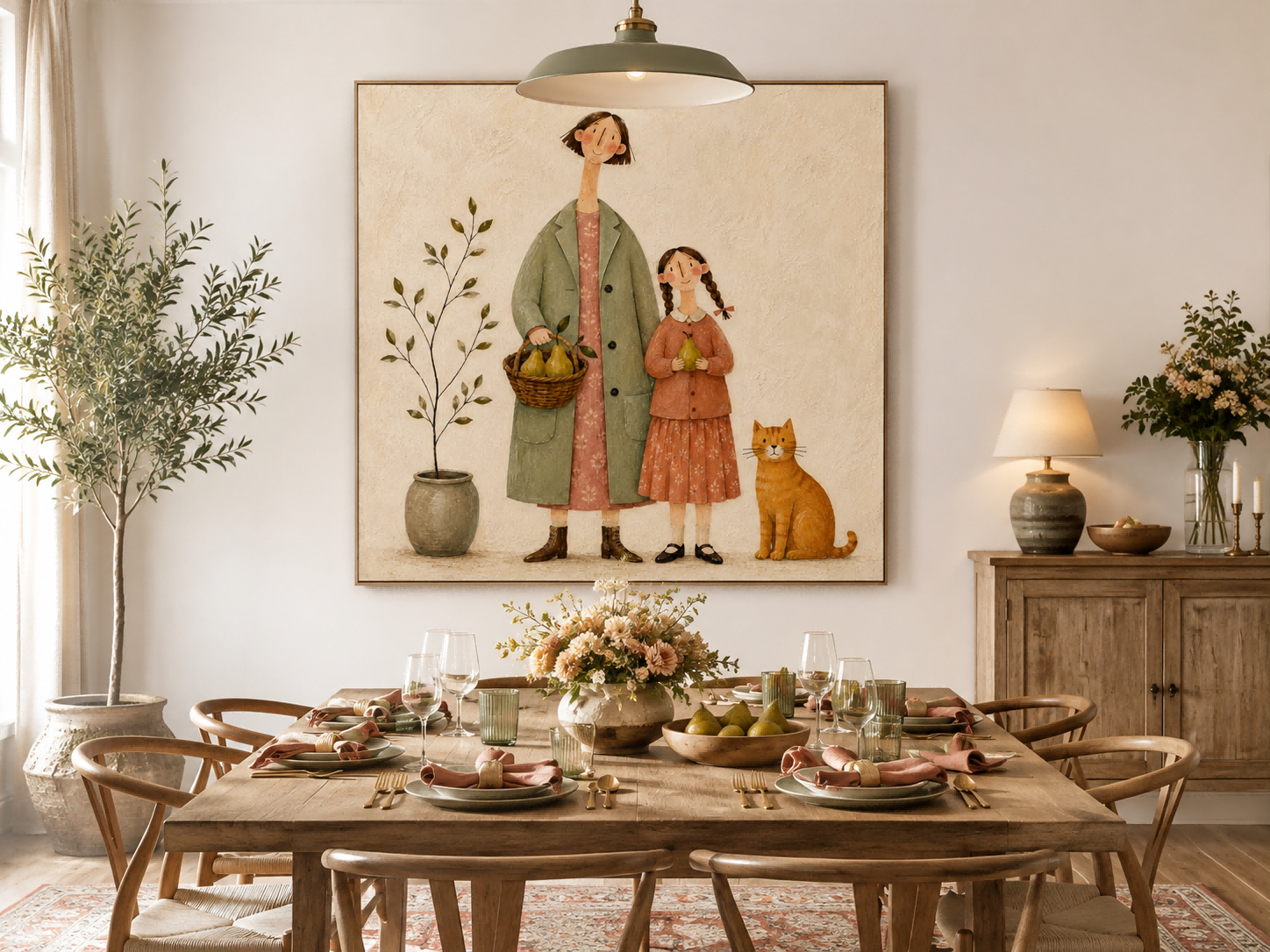 Charming Naive Art Painting Of Family With Cat In Vintage Style For Living Room Decor