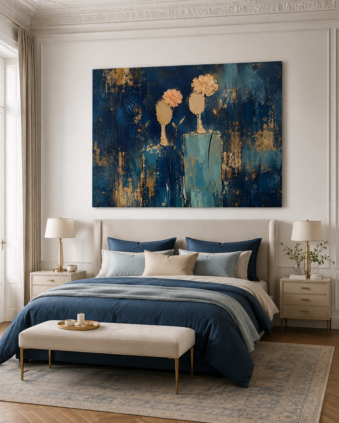 Abstract Floral Woman Canvas Painting Blue Gold Hand-Painted Modern Wall Art