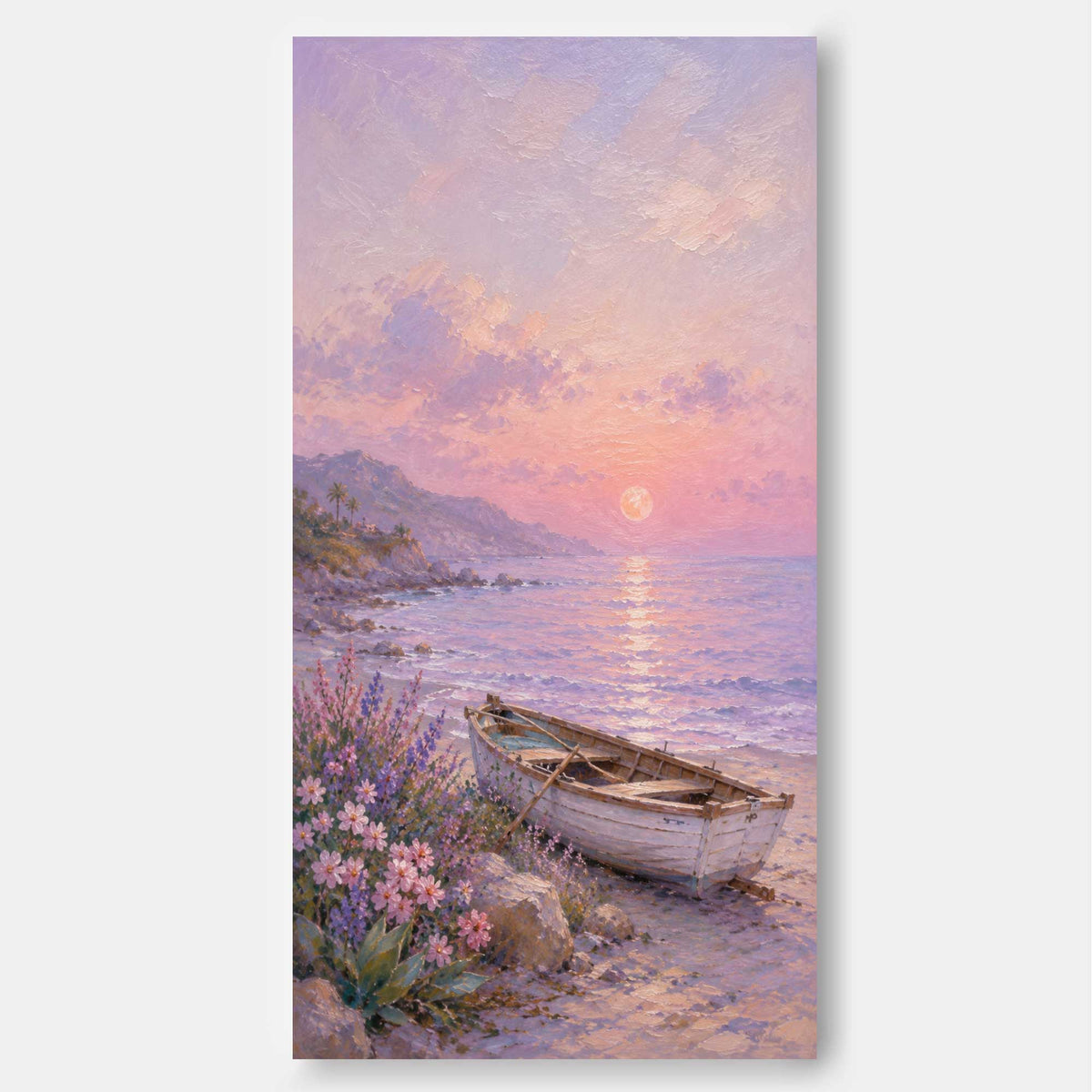 Hand-Painted Sunset Boat Seascape Canvas Art In Pink And Purple