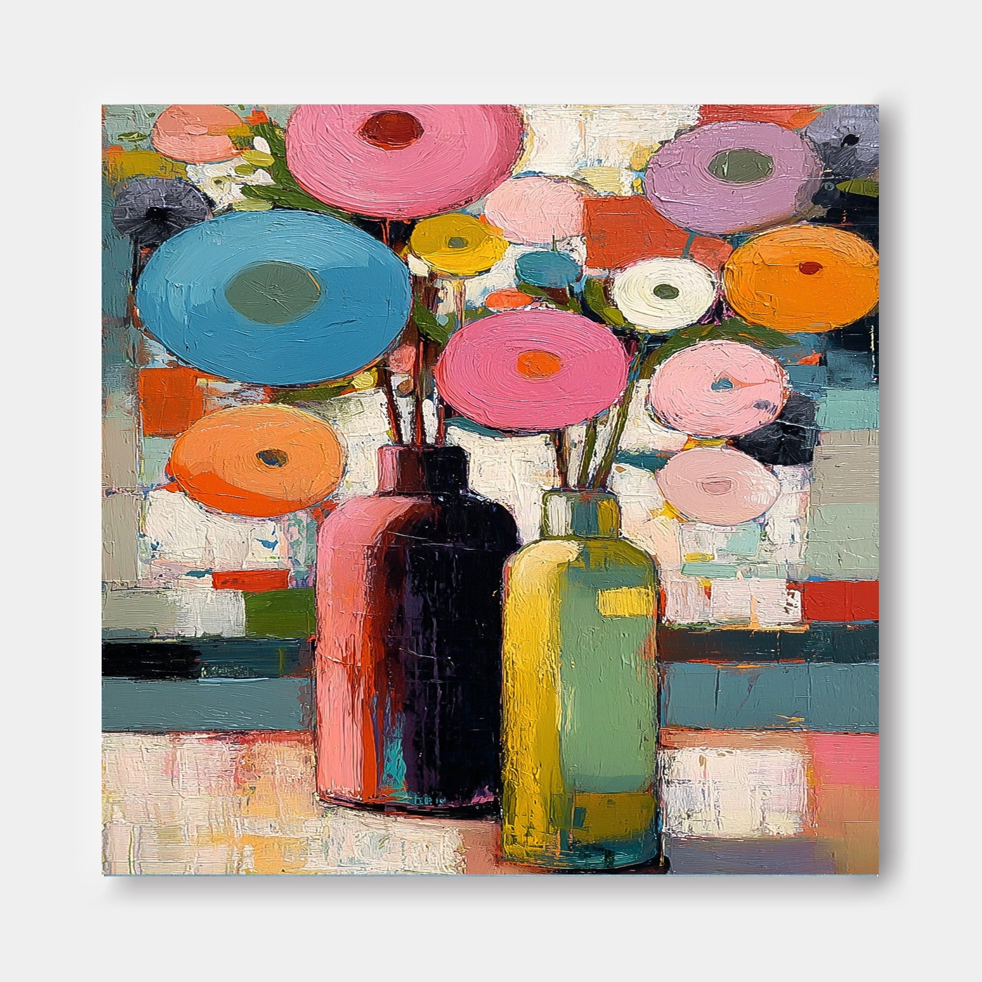 Vibrant Geometric Floral Art With Colorful Vases For Modern Living Room Wall Decor