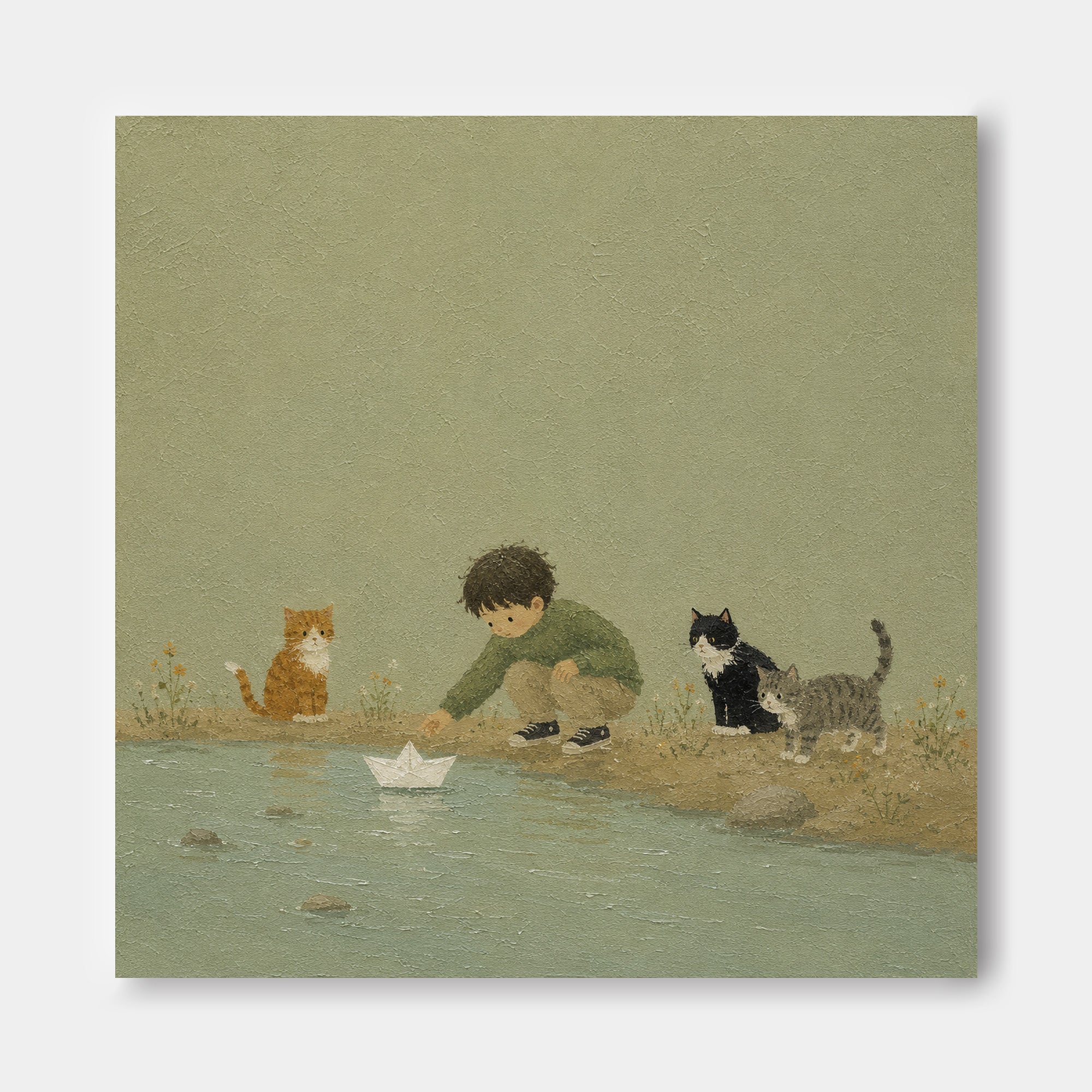 Whimsical Nursery Wall Art With Boy And Cats For Kids Room Modern Abstract Storytelling Canvas Painting With Textured Green