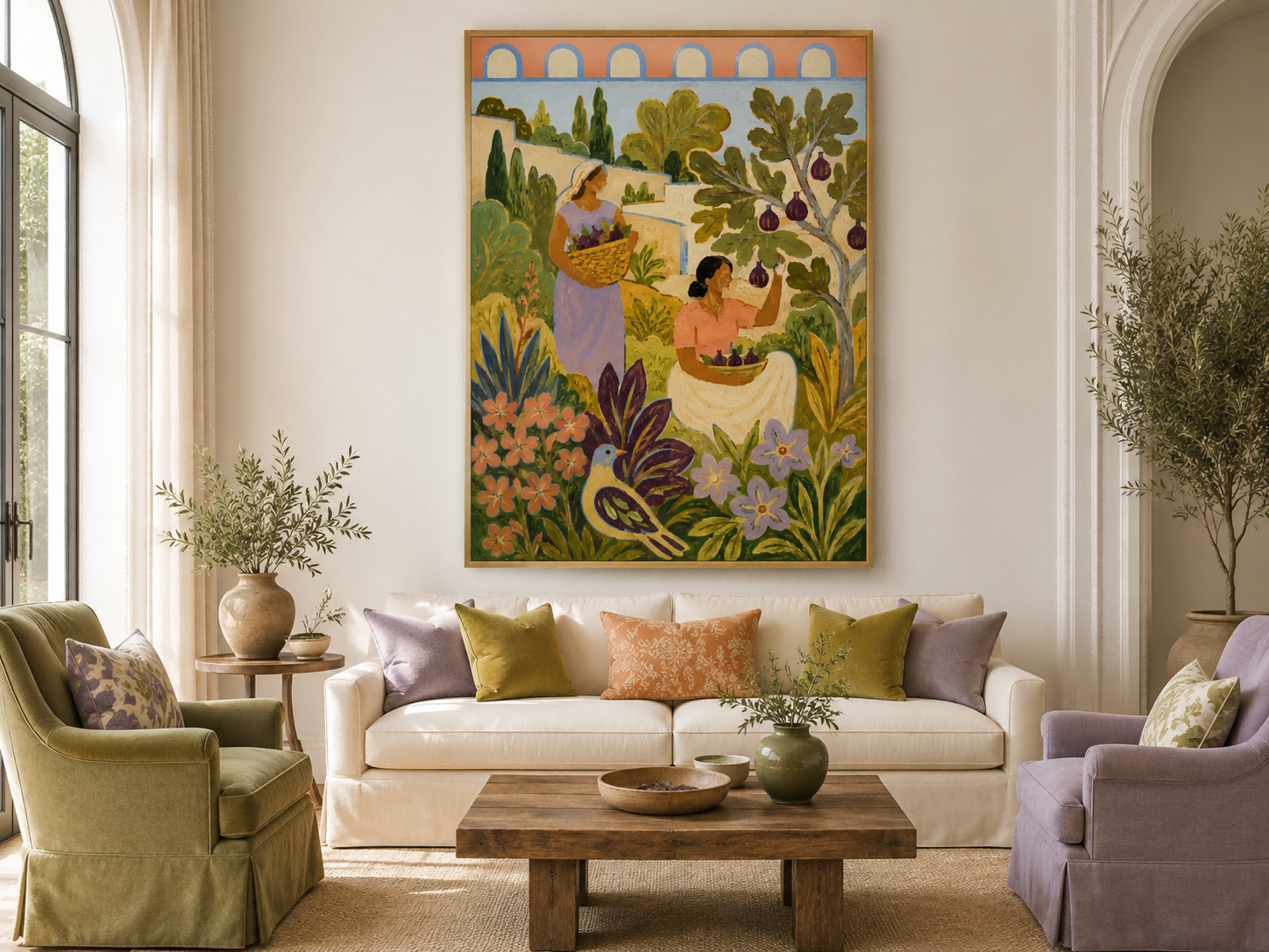 Fantasy Landscape Oil Painting With Purple Figs And Geometric Archways Fantasy Landscape Oil Painting With Purple Figs And Geometric Archways