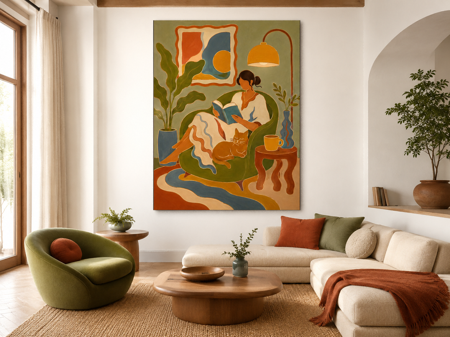 Art Deco Fantasy Style Canvas Art Woman Reading In Green Armchair Hand Painted