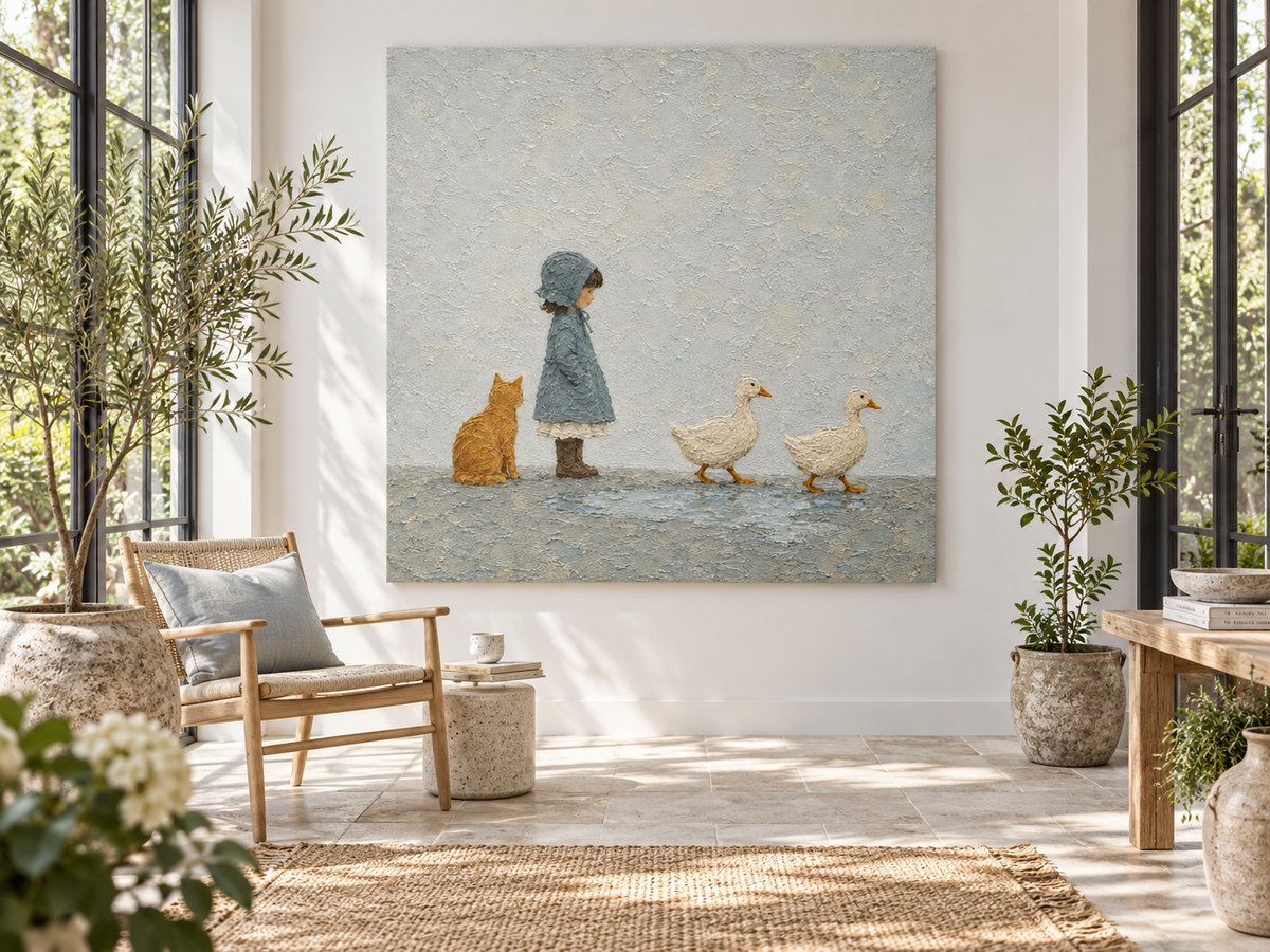 Modern Naive Art Canvas Painting Textured Abstract Animal Scene