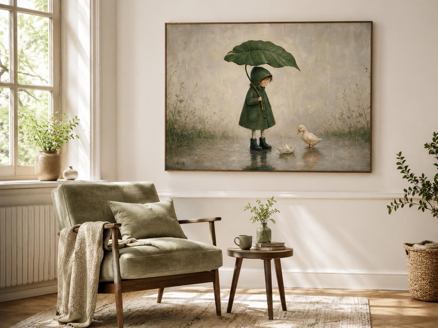 Vintage Style Rain Scene Painting With Paper Boat And Duckling For Wall Decor