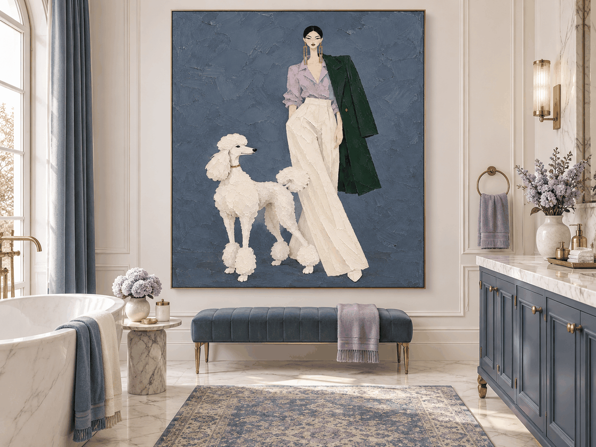 Fashion Lady With Poodle Hand-Painted Canvas Art In Purple And Blue