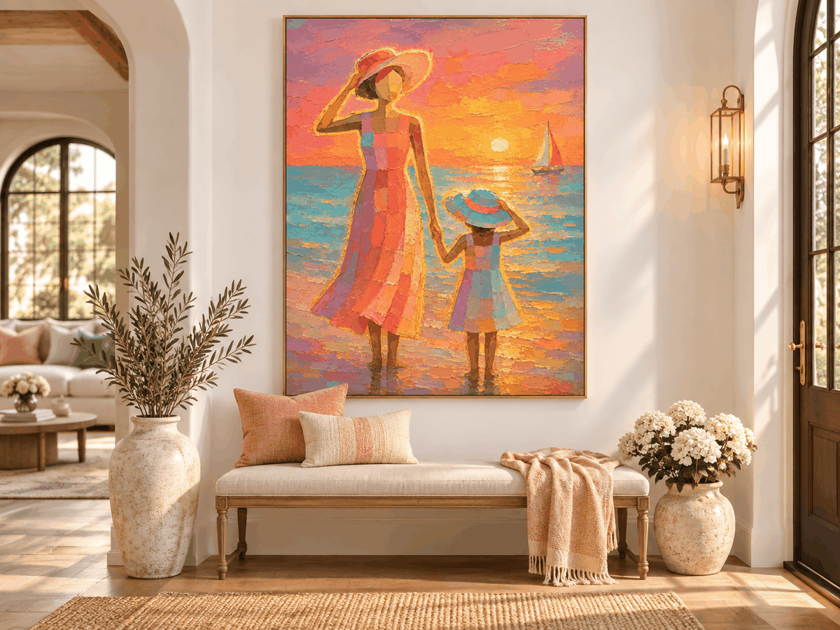 Mother And Daughter Sunset Beach Hand-Painted Canvas Art With Sailboat