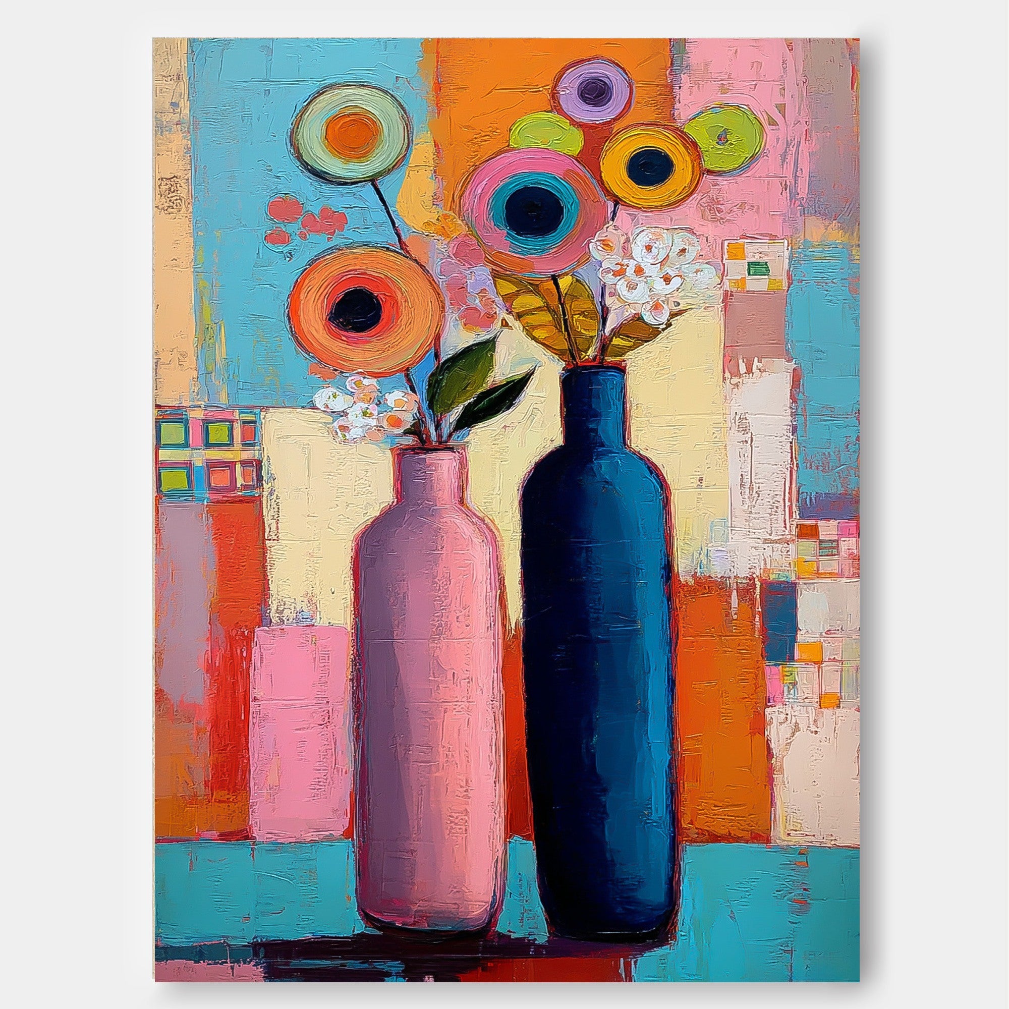 Modern Pop Art Style Floral Canvas With Geometric Shapes And Bold Colors For Contemporary Interiors