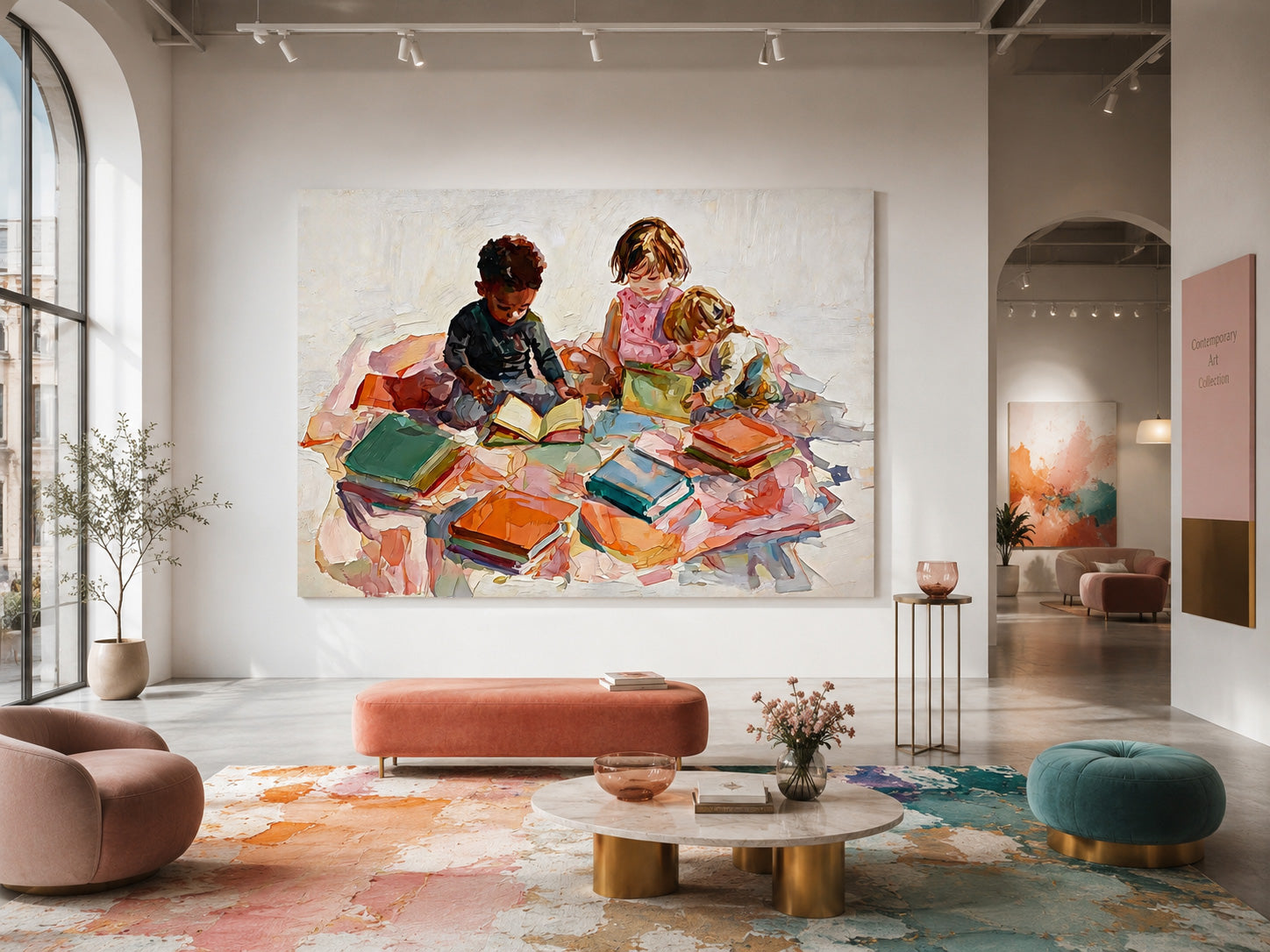 Modern Impressionist Oil Painting Of Kids Playing With Books