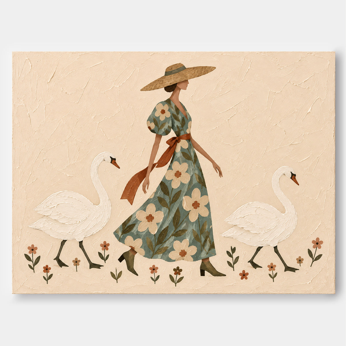 Lady With Swans Hand-Painted Canvas Art In Sage Green And Beige