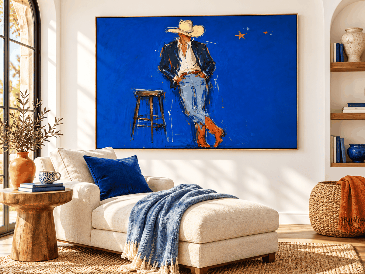 Cowboy In Blue Hand-Painted Canvas Art With Orange Boots For Modern Walls