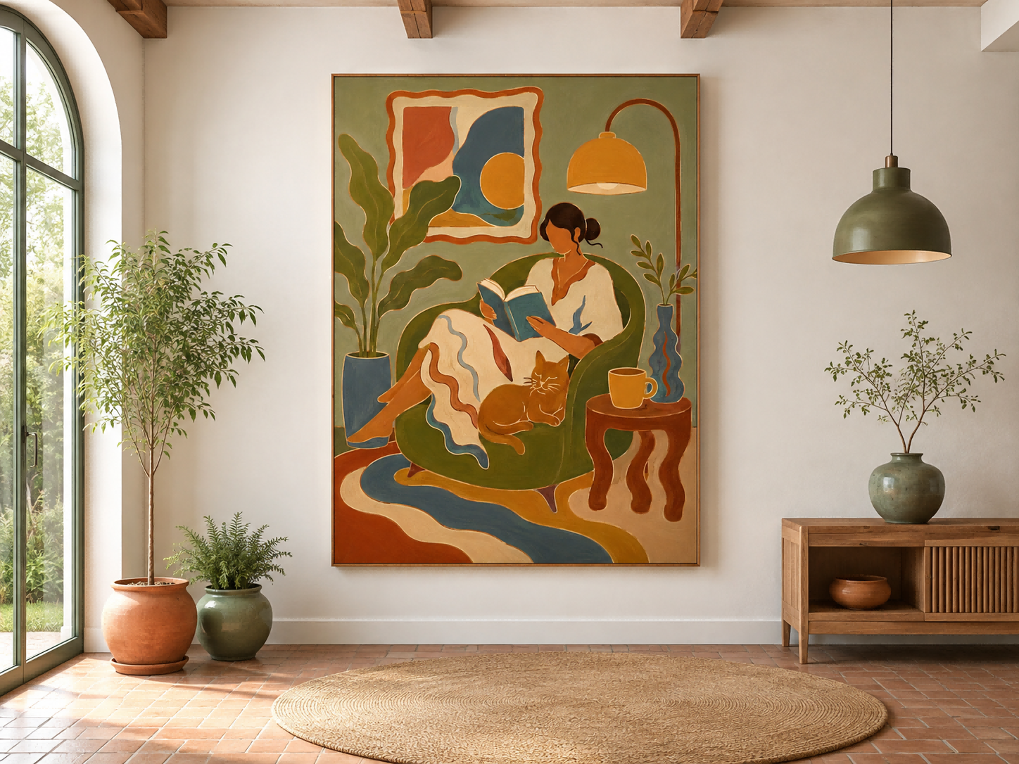Art Deco Fantasy Style Canvas Art Woman Reading In Green Armchair Hand Painted